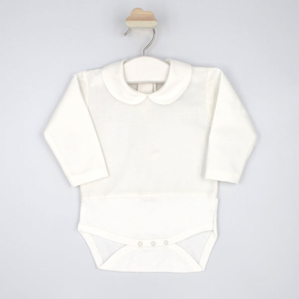 White baby onesie with a collar on a hanger against a light gray background