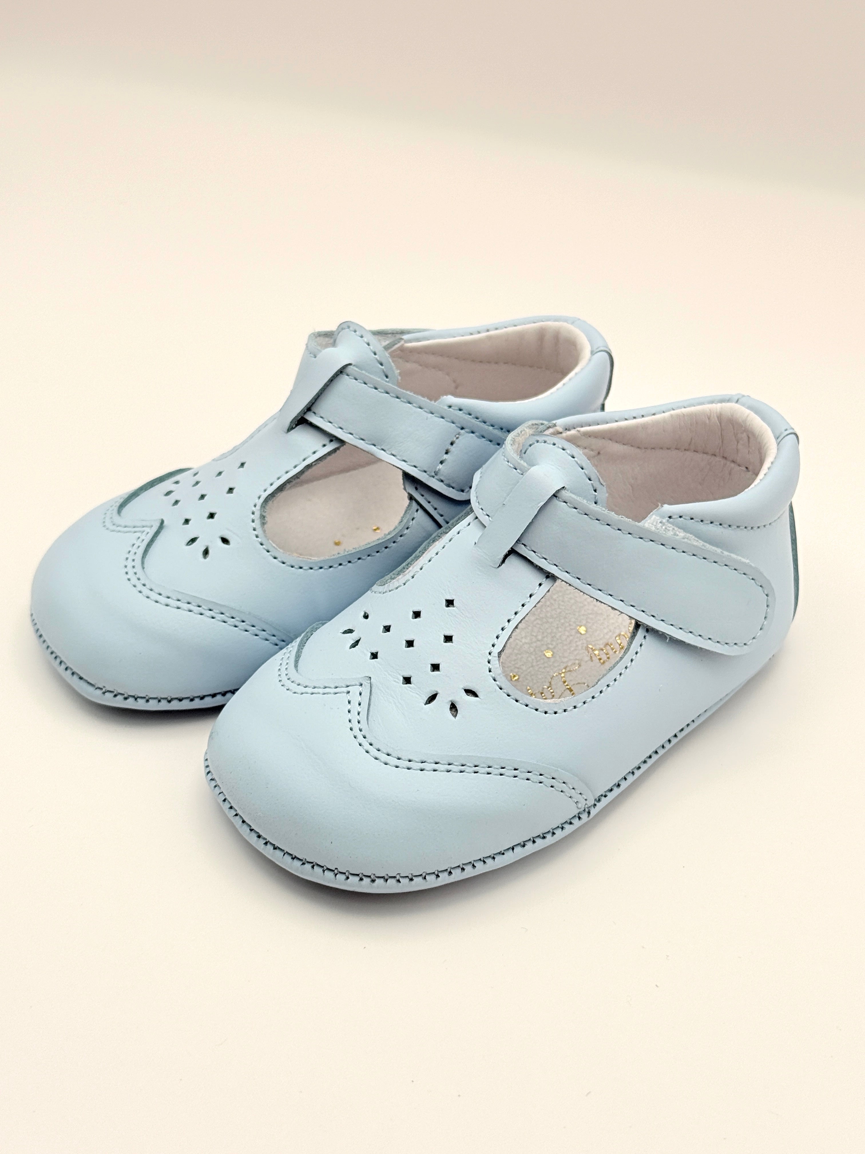 Crib Shoe T-Strap Stone Baby Blue