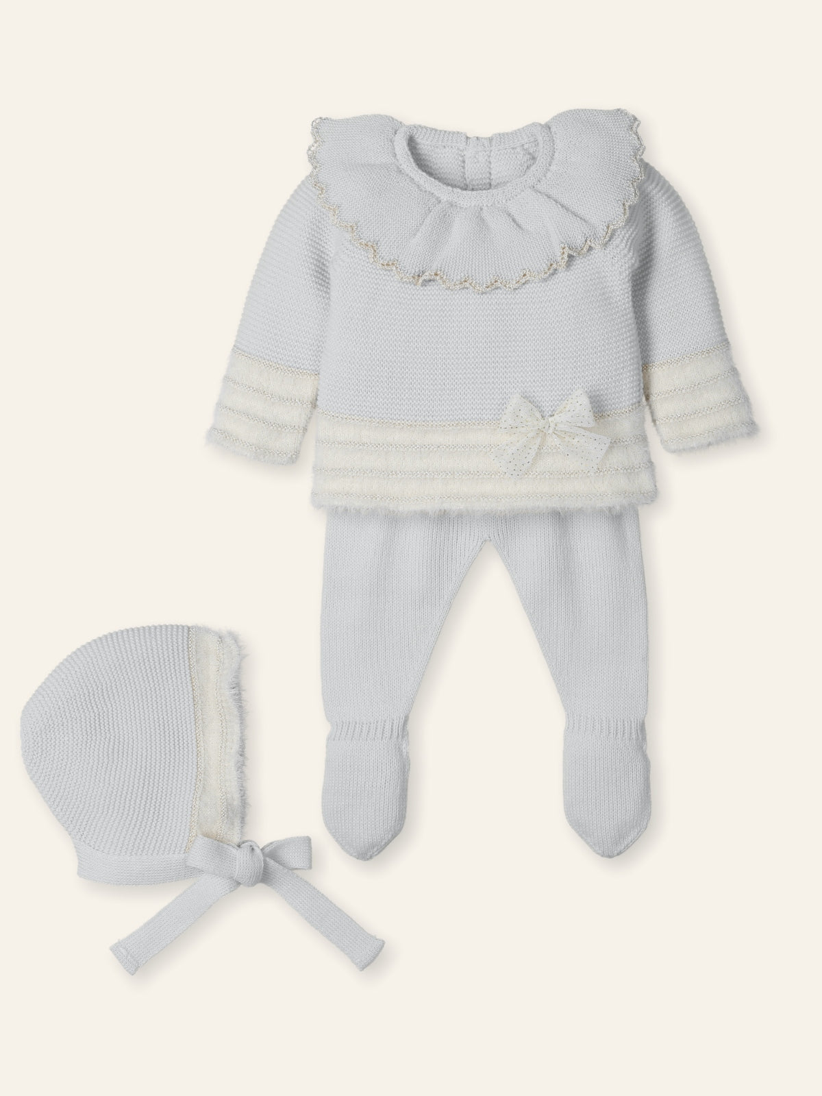 Light blue baby outfit with matching bonnet on a white background