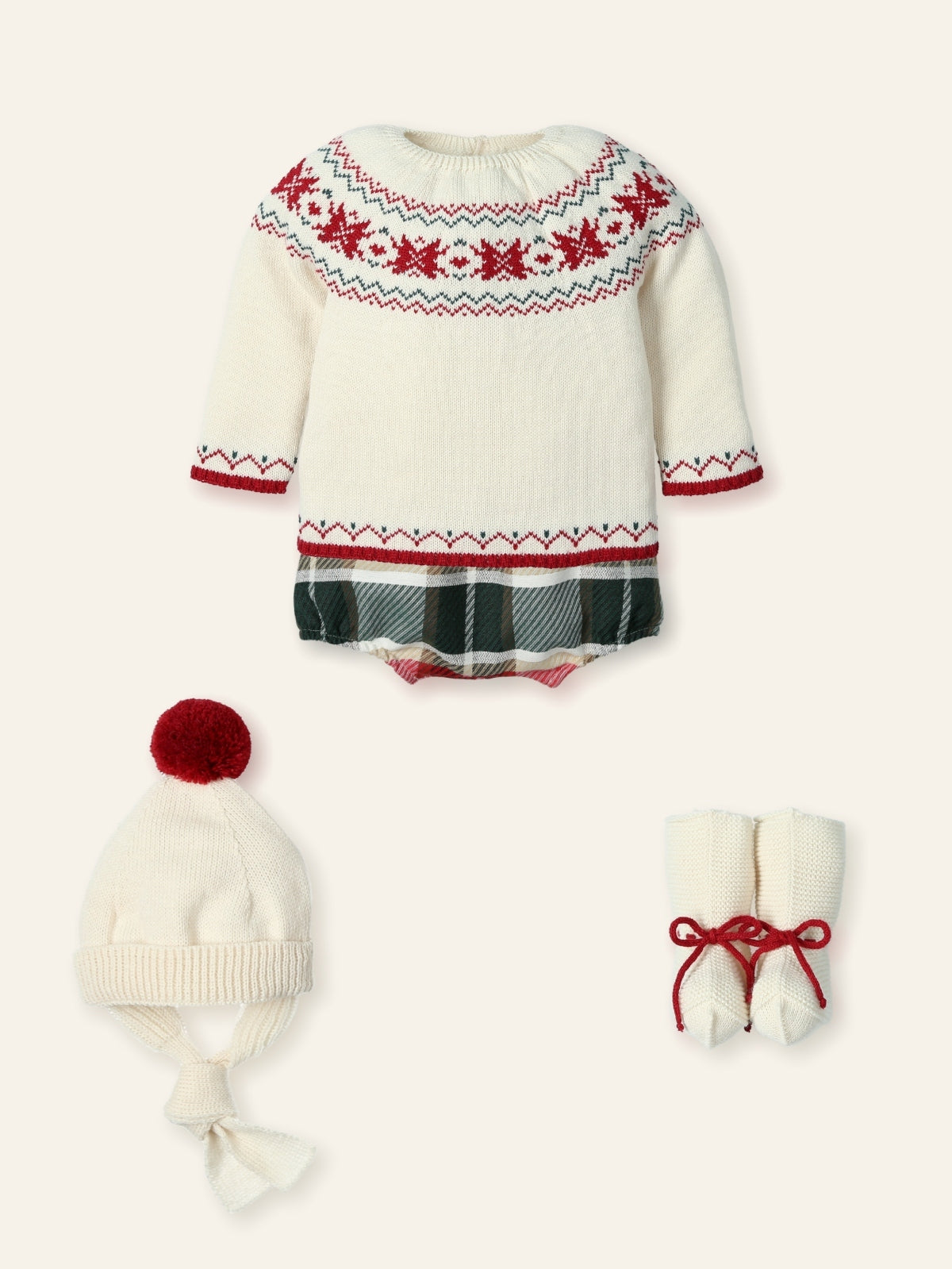 Baby outfit set with sweater, hat, and socks on a white background
