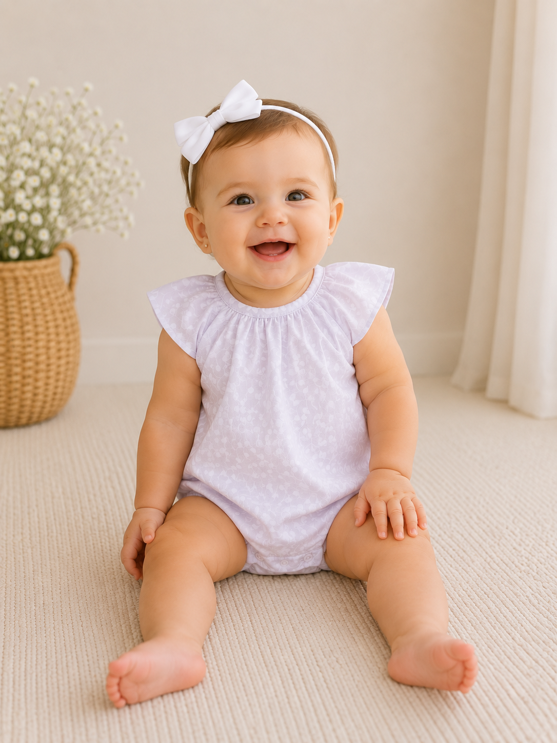 Baby sitting on a light-colored floor wearing a white ruffled romper and headband.