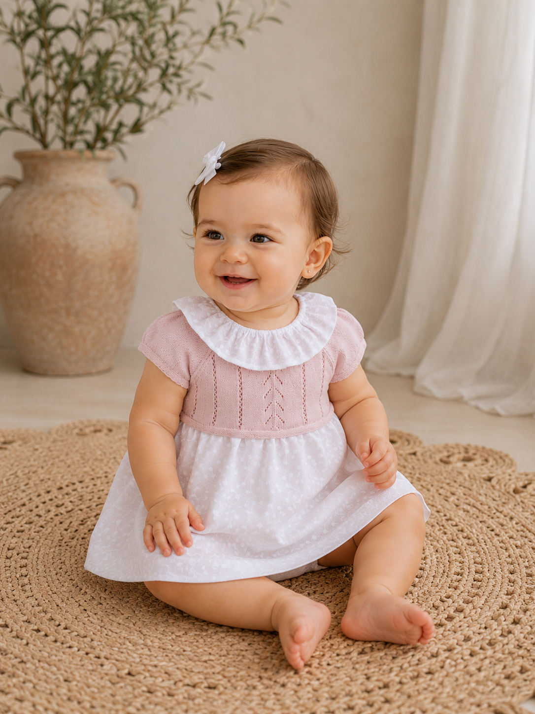 Baby in a pink and white dress sitting on a textured rug with a plant and curtain in the background.