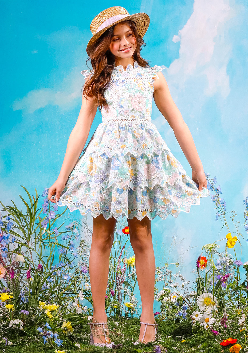 Dress Floral Azure Embroidered Frilly