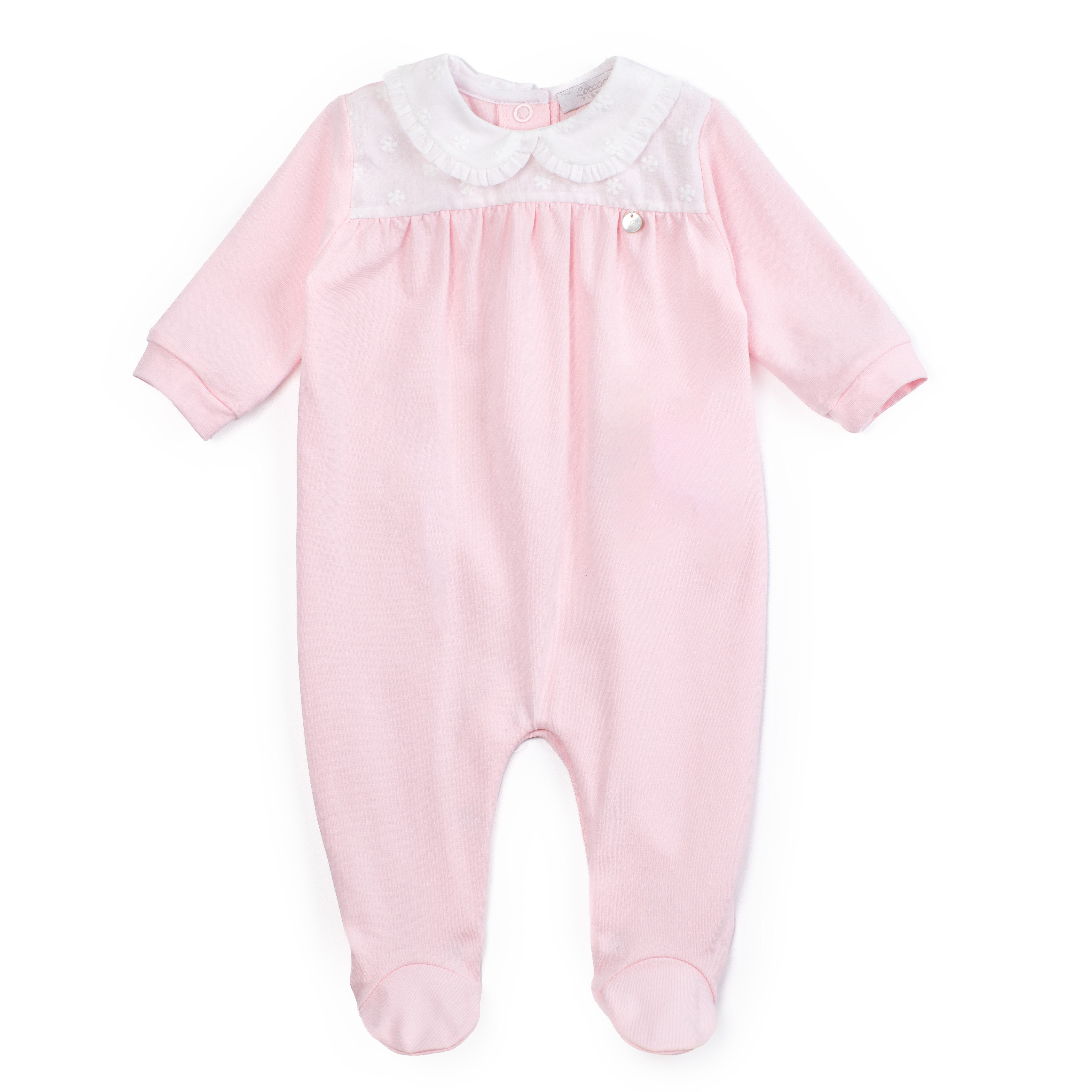 Pink baby onesie with a white collar on a white background