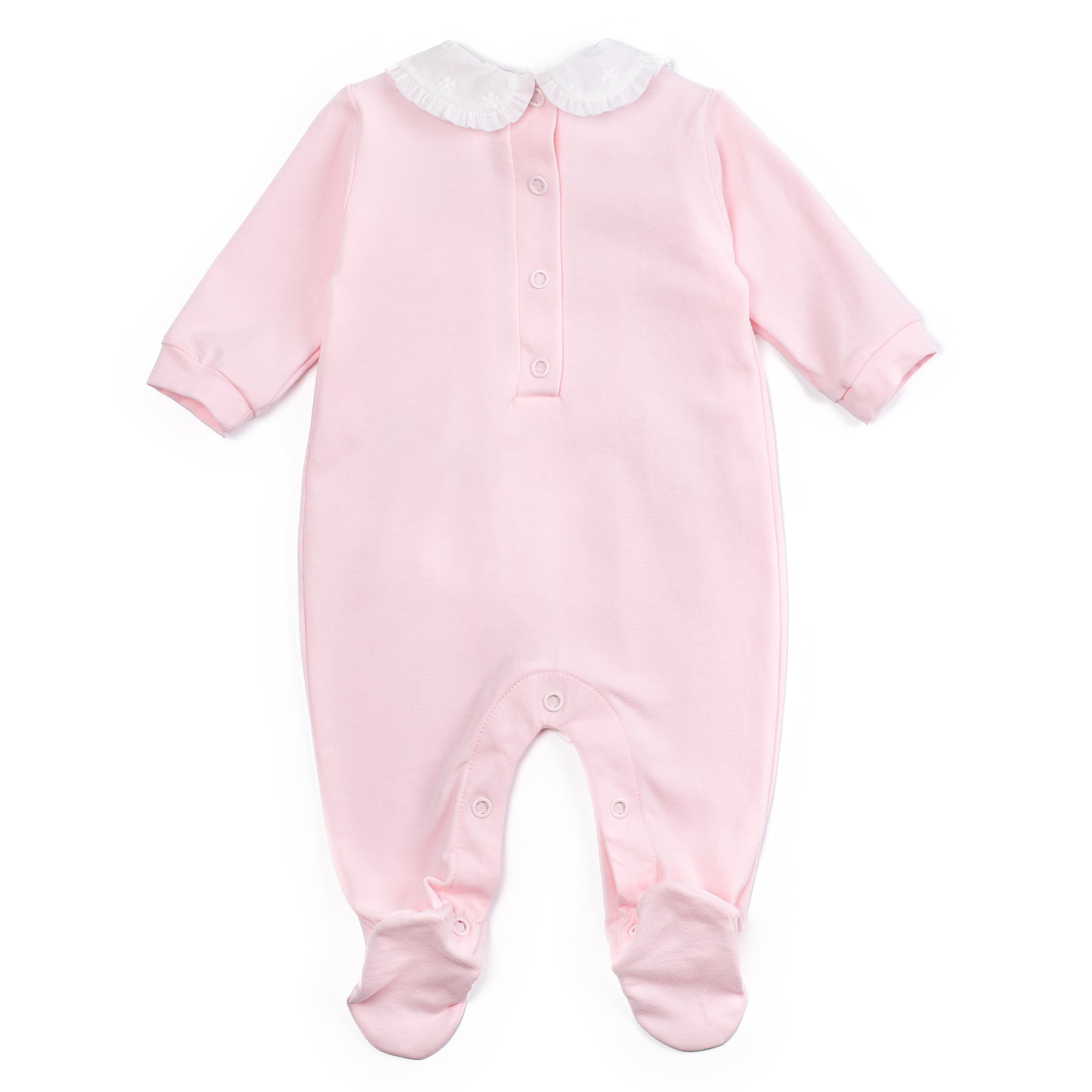Pink baby onesie with white collar on a white background