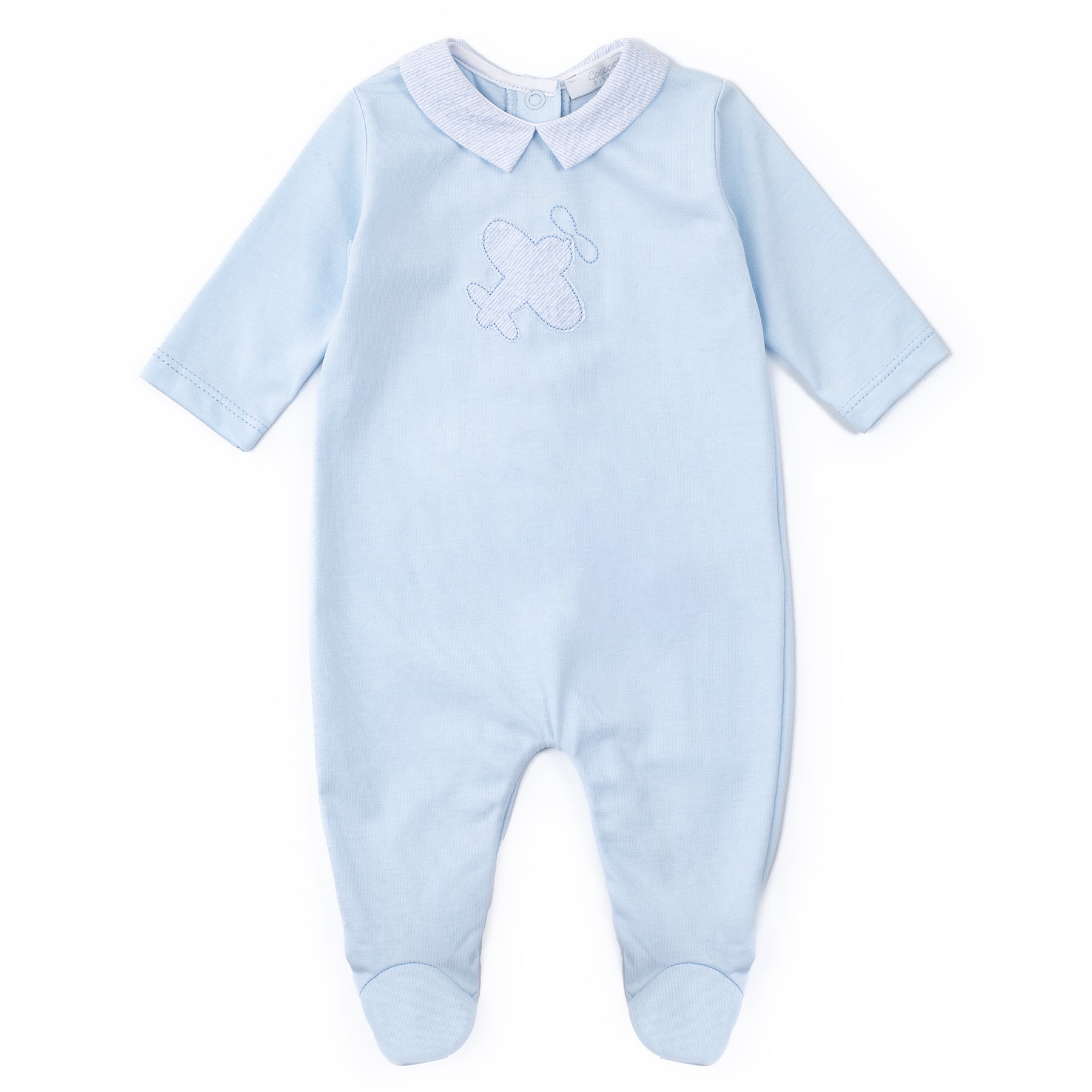 Light blue baby onesie with a embroidered design on a white background