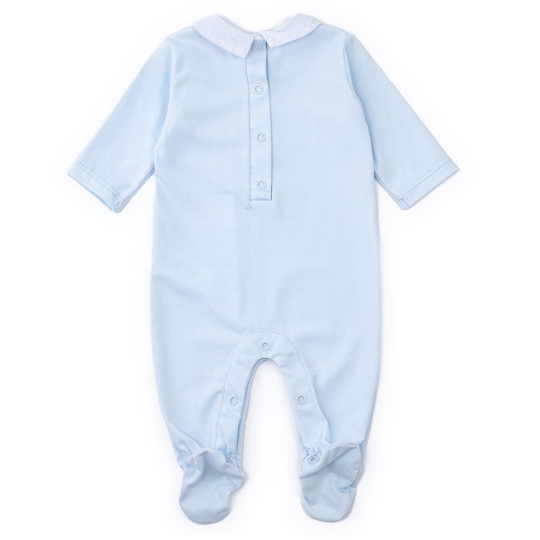 Light blue baby onesie with a collar on a white background