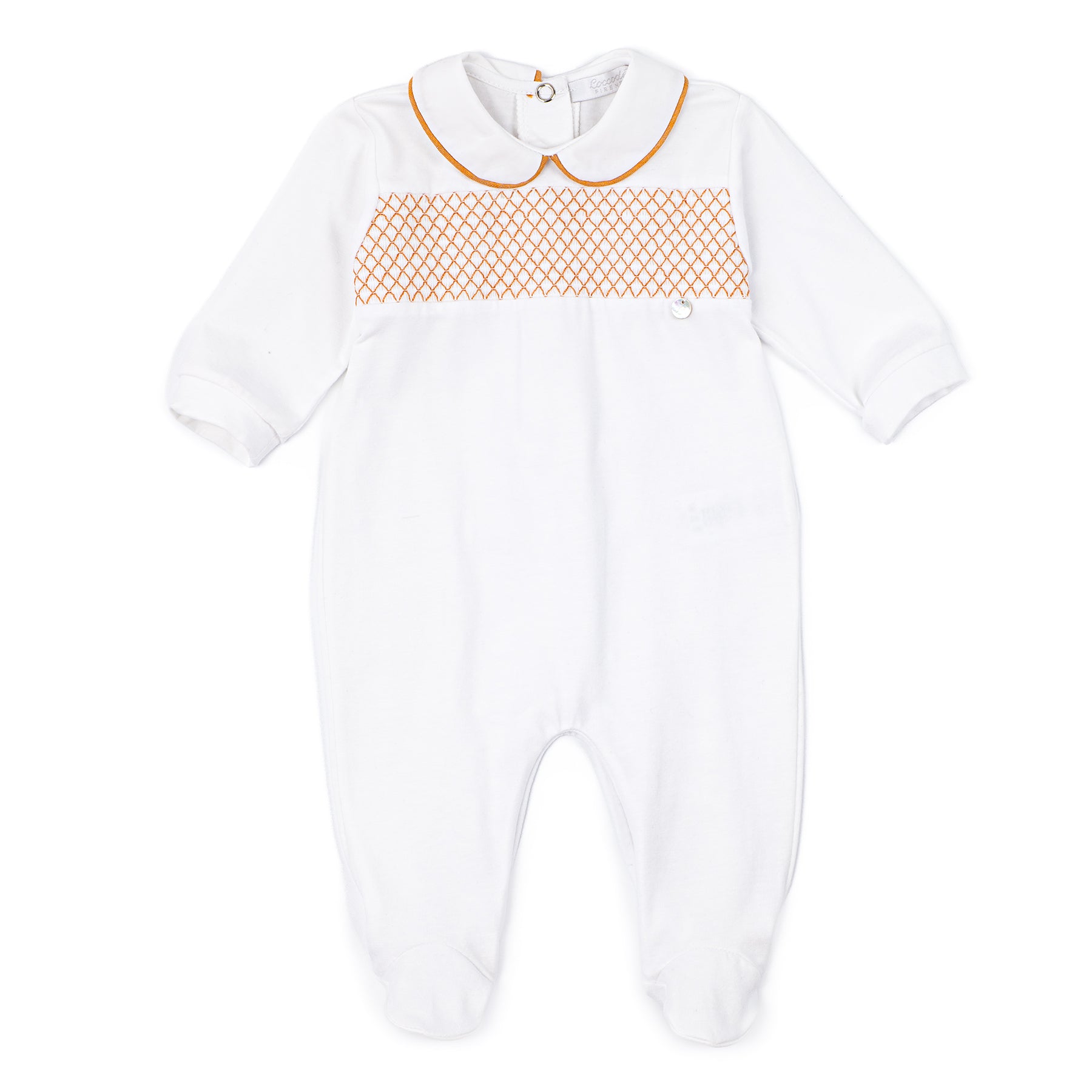 White baby onesie with orange trim on a white background