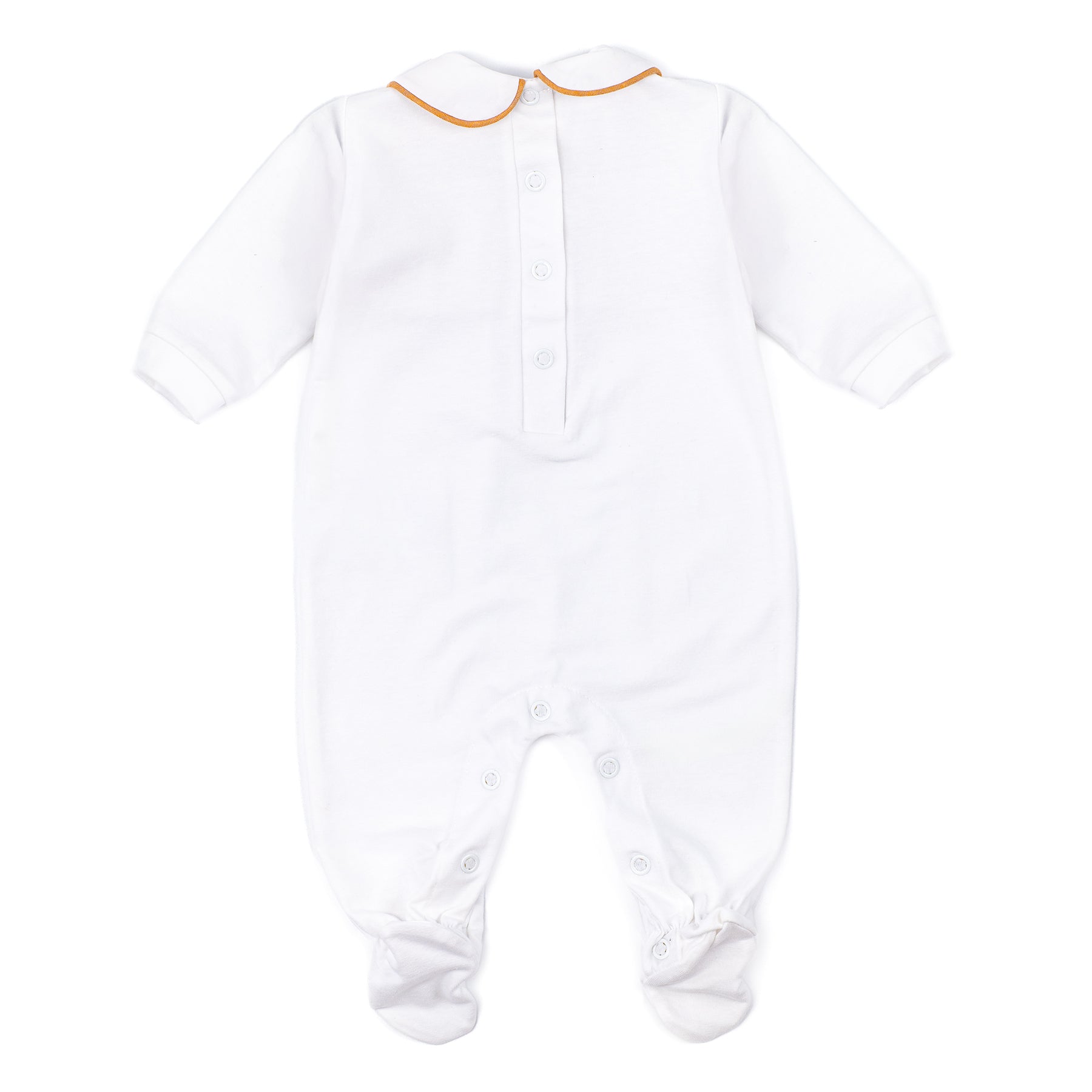 White baby onesie with orange trim on a white background