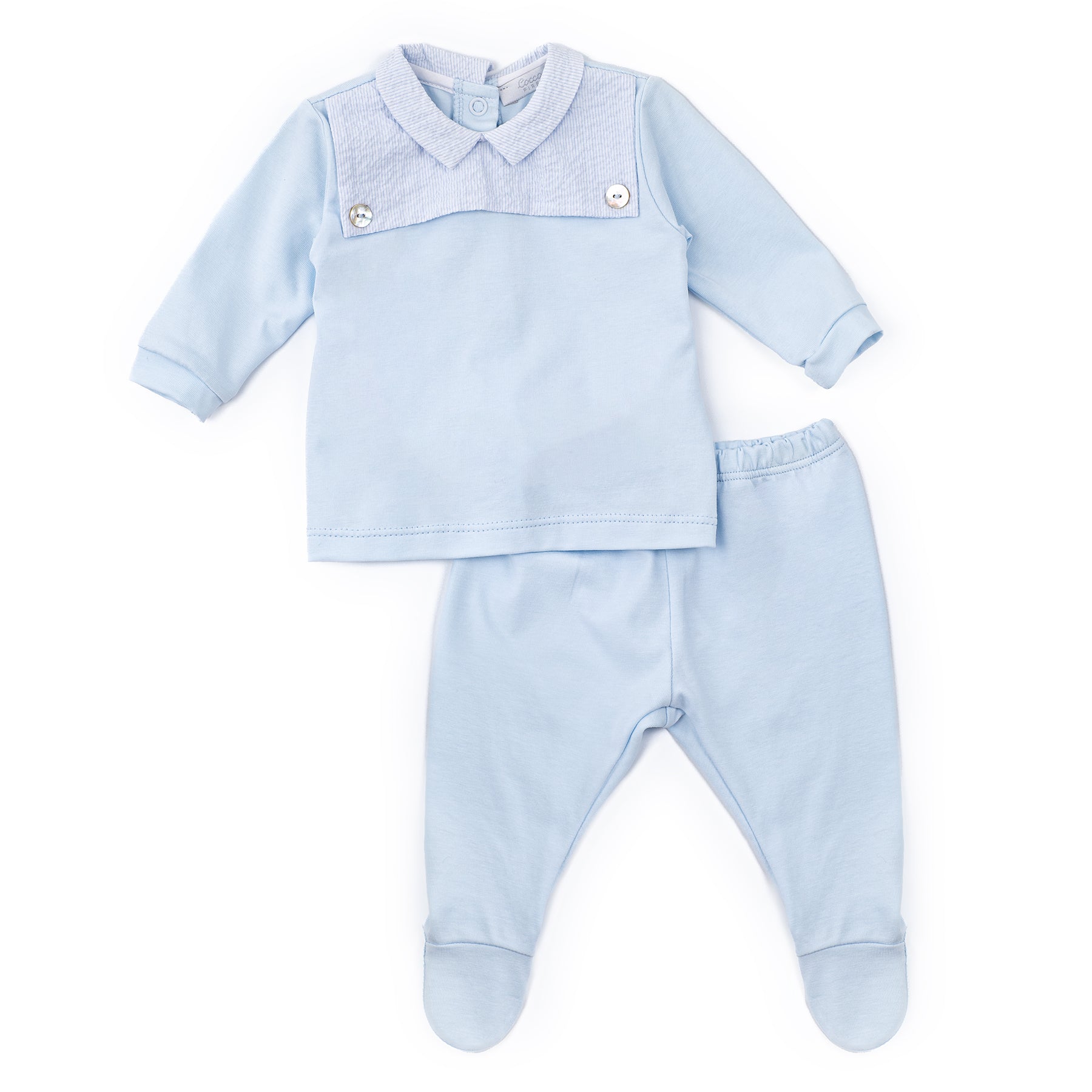 Light blue baby outfit with a shirt and pants on a white background