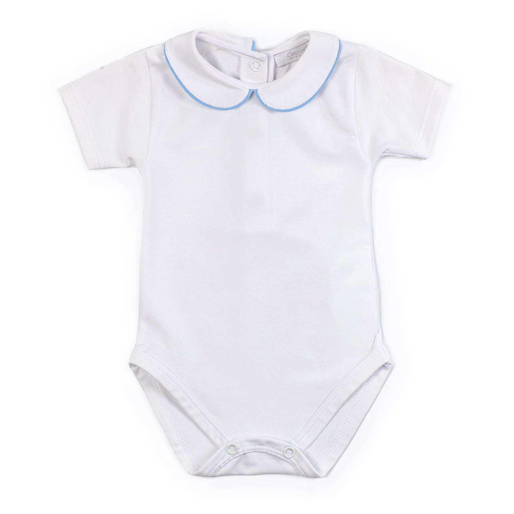 White baby bodysuit with blue trim on a white background