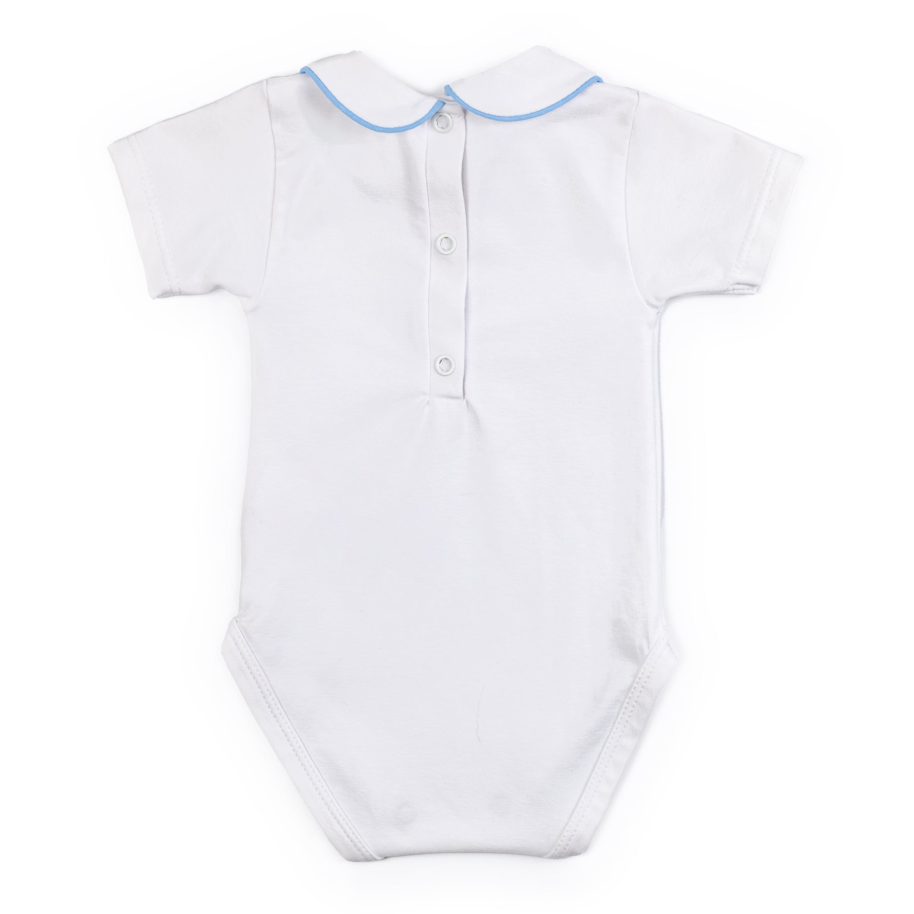 White baby romper with blue trim on a white background