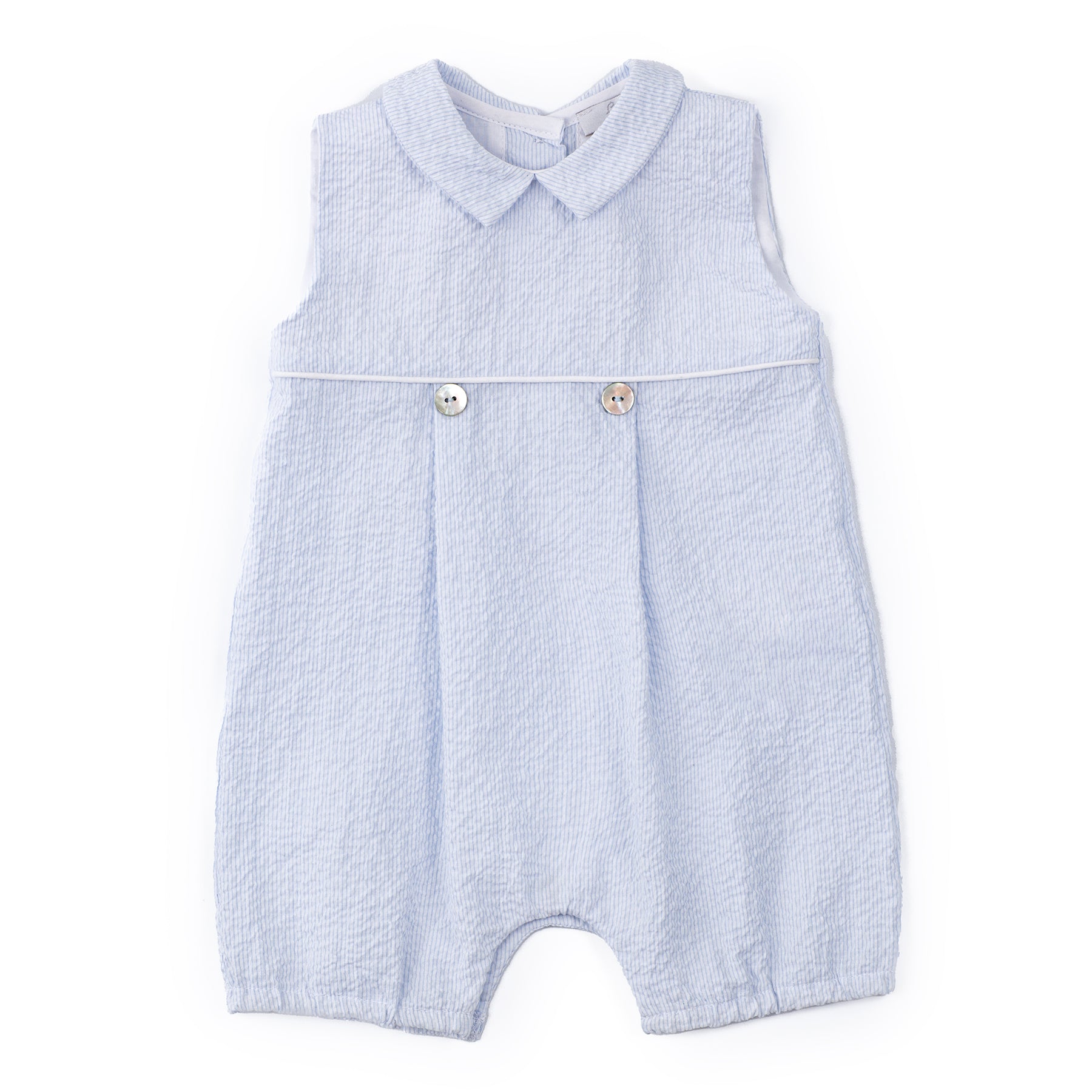 Light blue checkered romper with a collar on a white background
