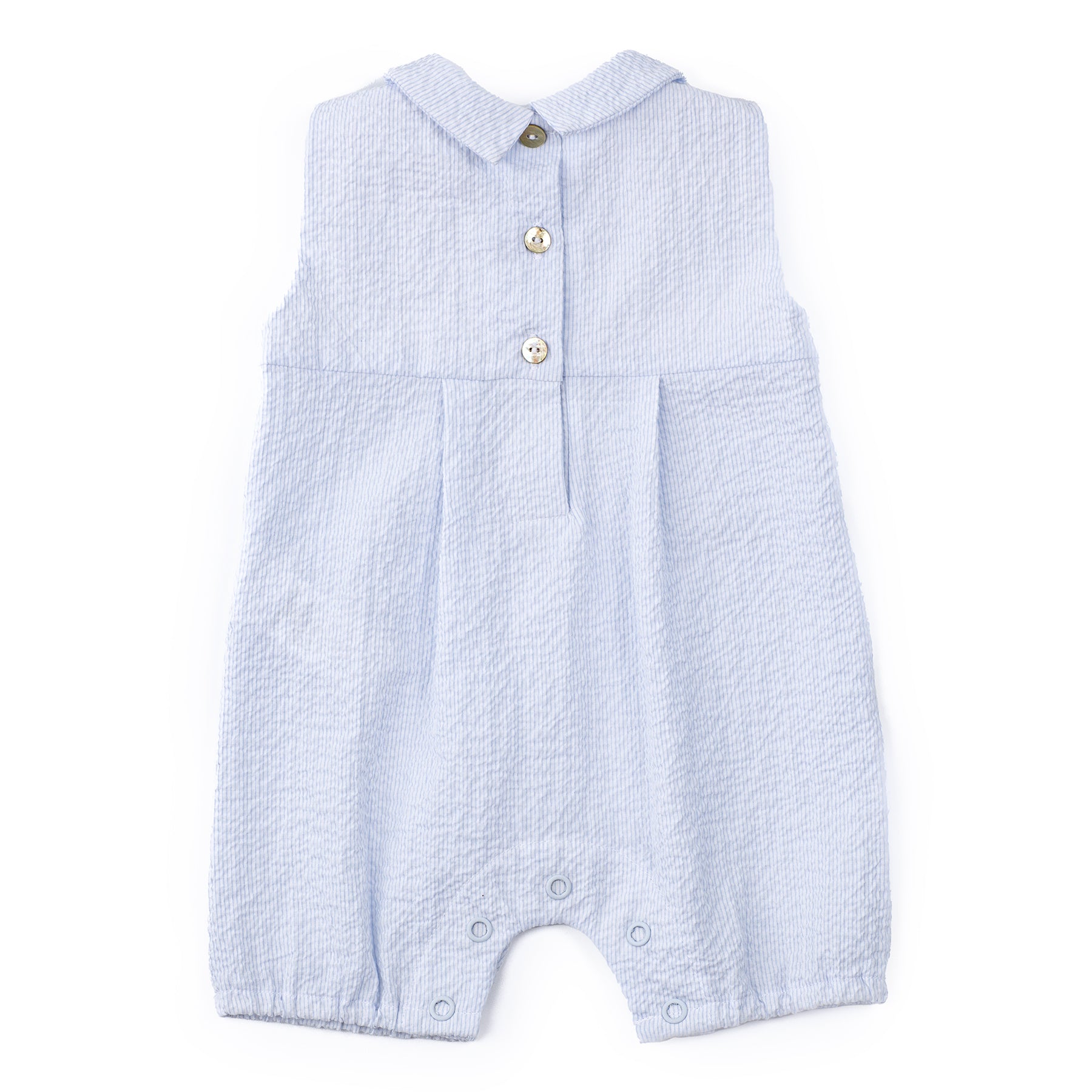 Light blue baby romper with button details on a white background