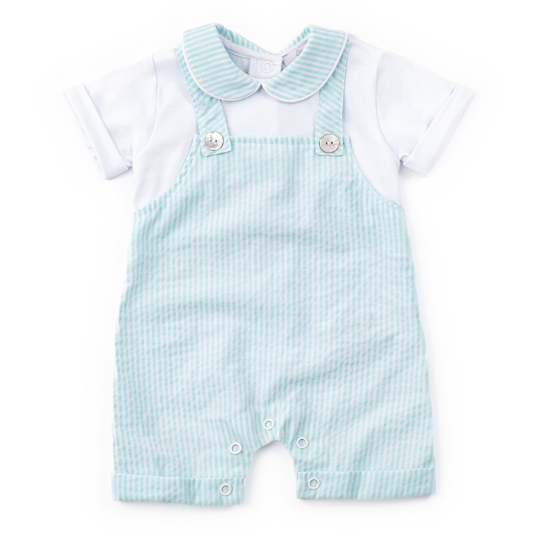 Light blue striped baby romper with white shirt on a white background