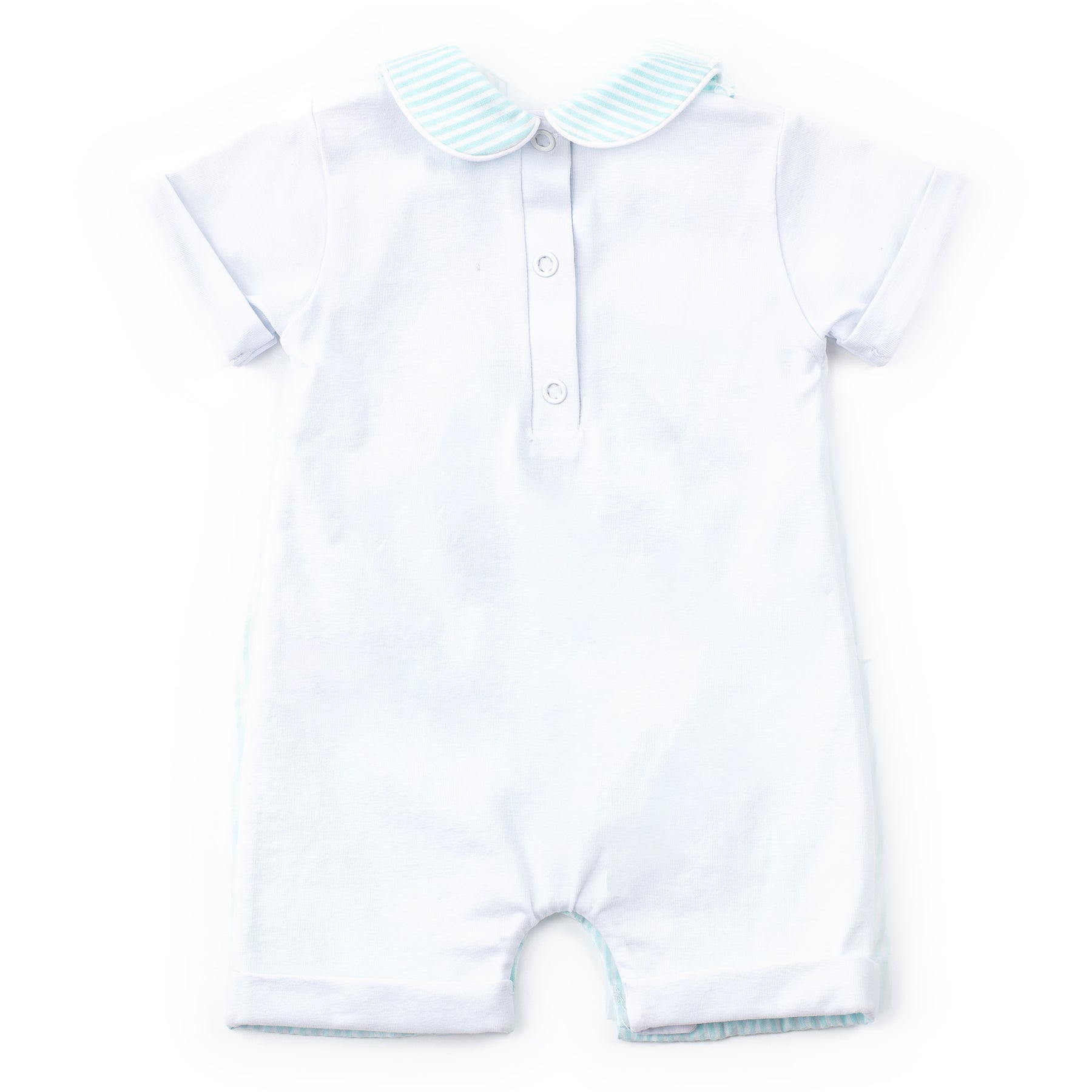 White baby romper with light blue collar on a white background