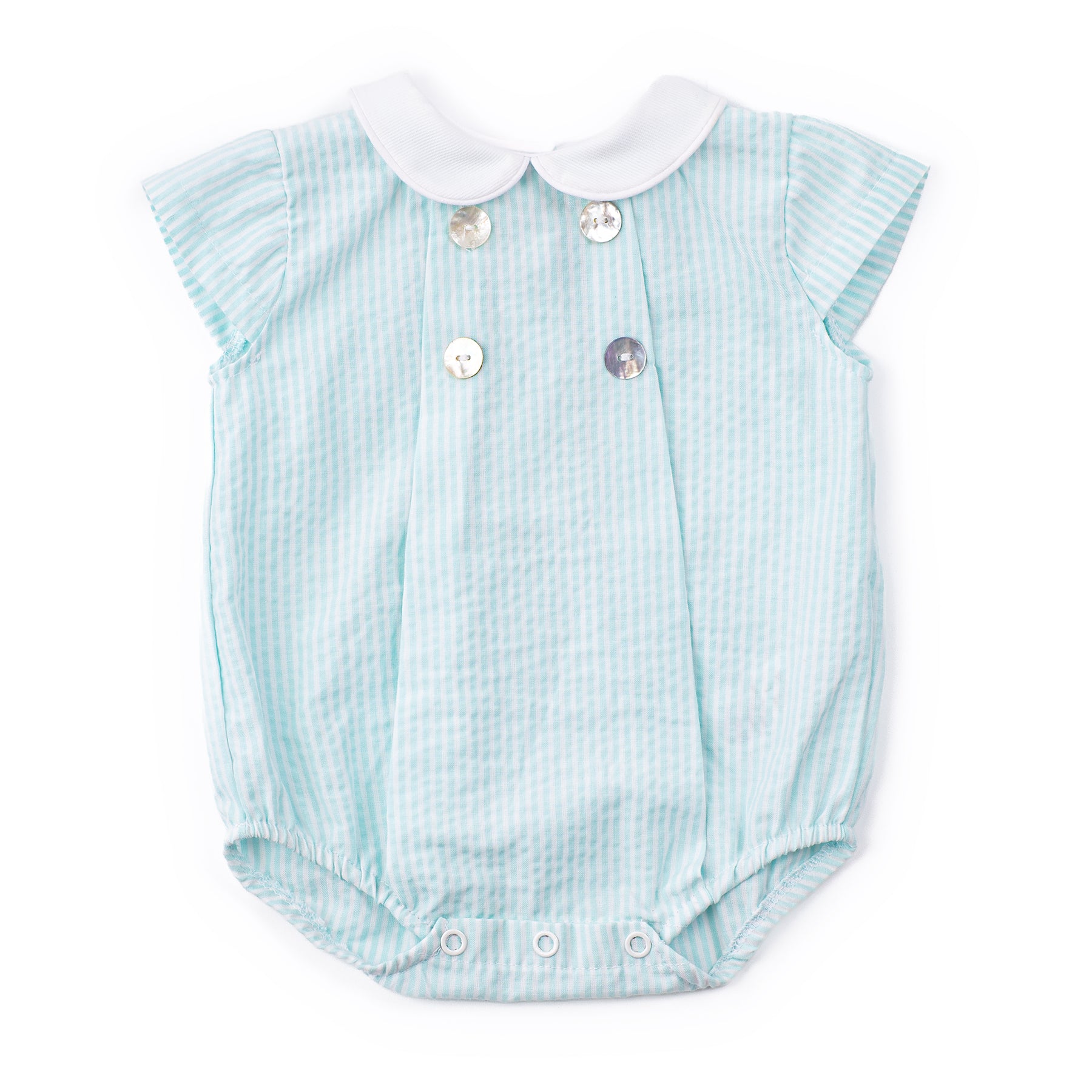 Light blue checkered baby romper with white collar on a white background