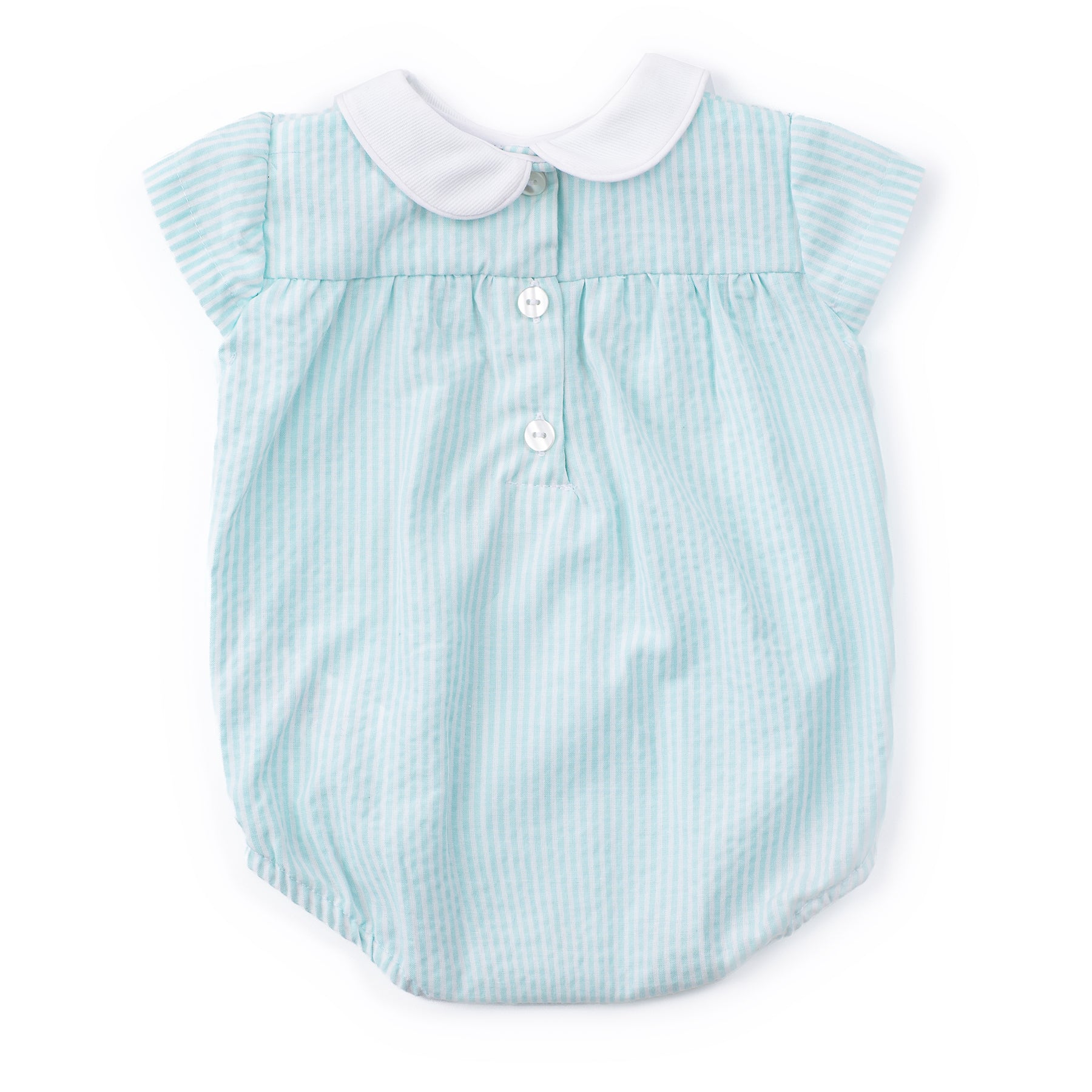 Light blue striped baby romper with white collar on a white background