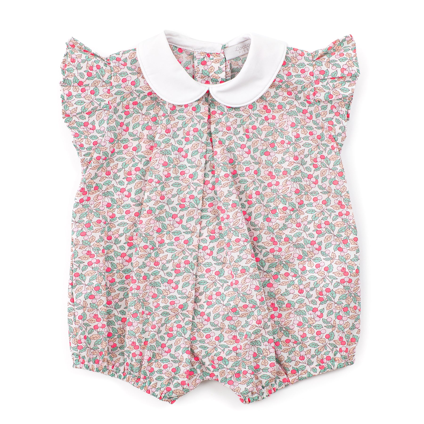 Floral baby romper with a white collar on a white background