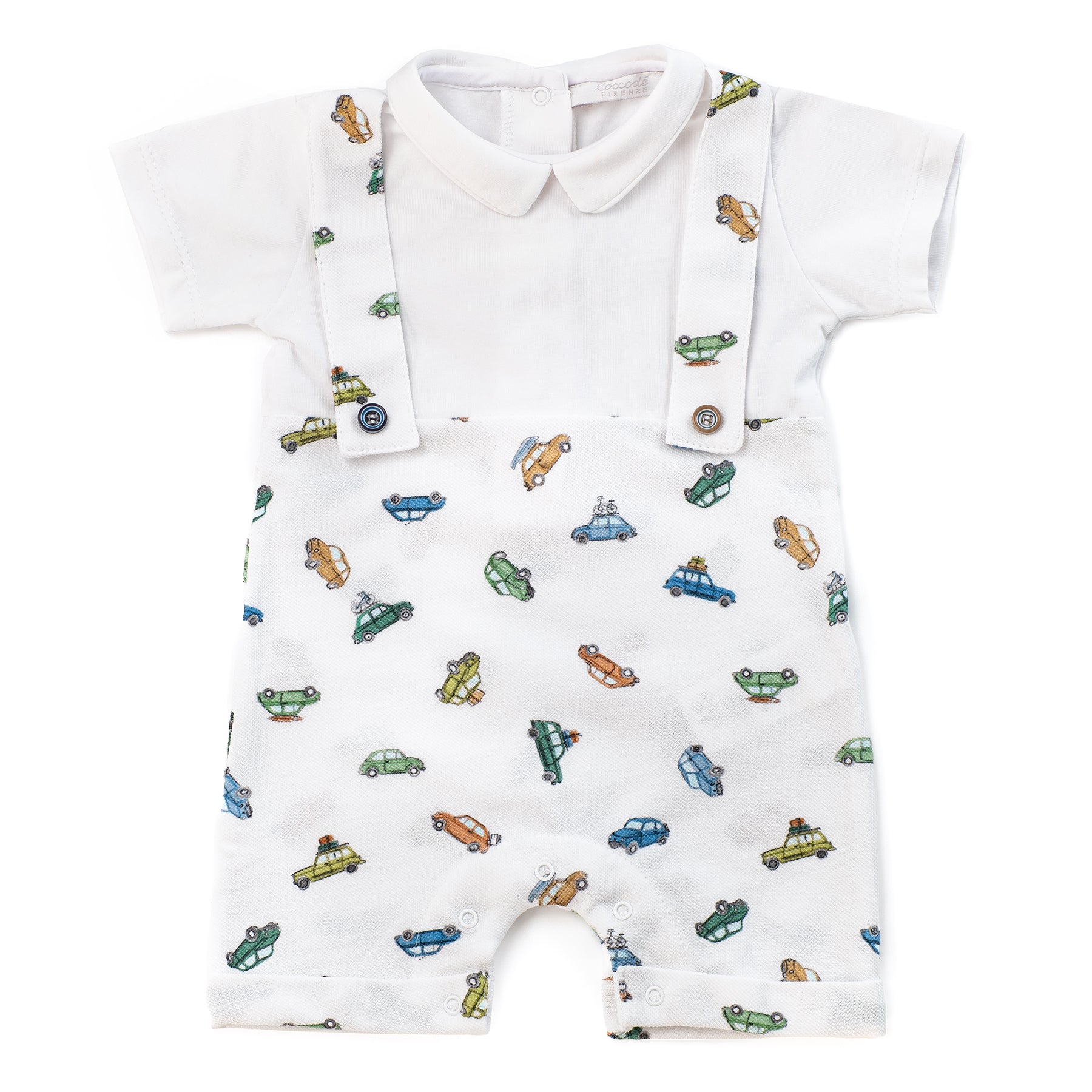 Baby romper with car pattern on a white background