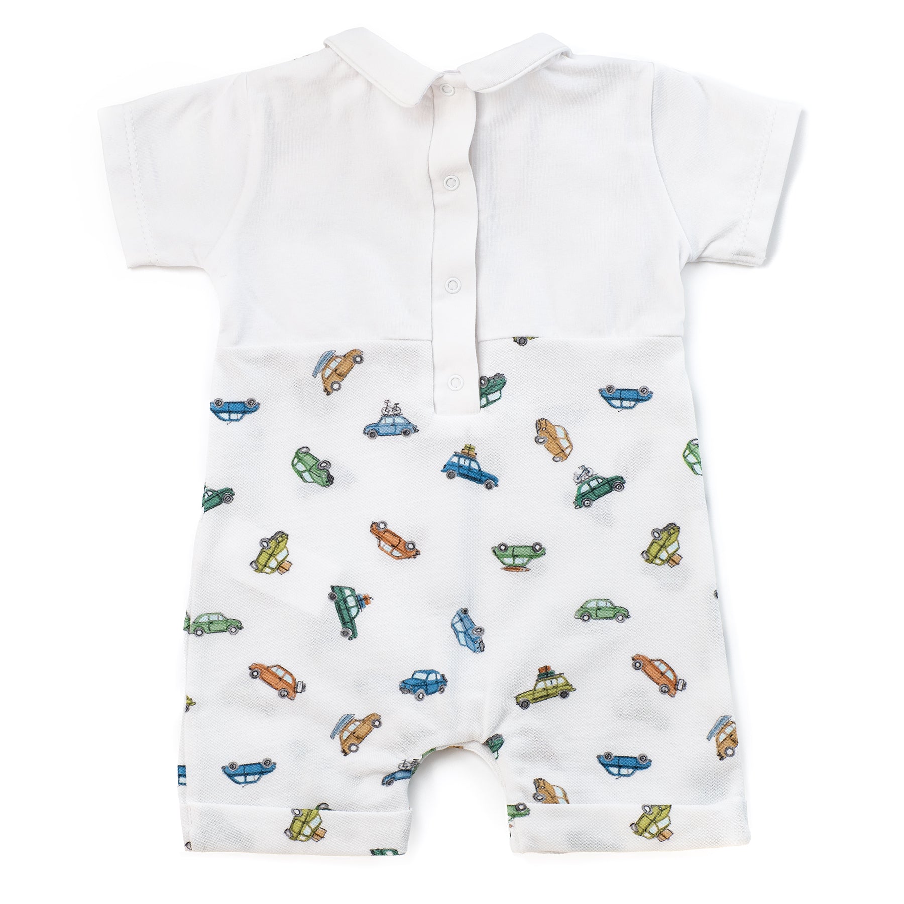 White baby romper with colorful car pattern on a white background
