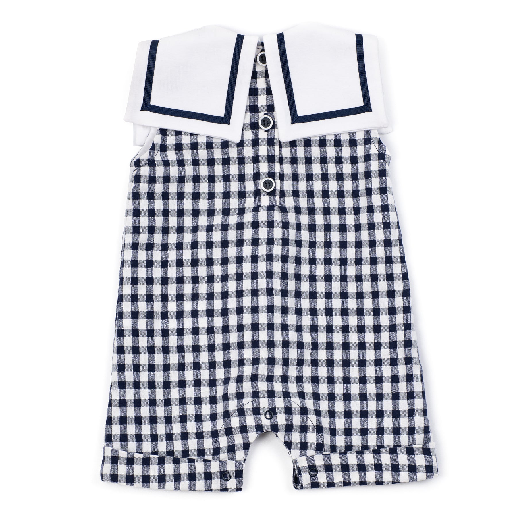 Navy and white checkered romper with a sailor collar on a white background