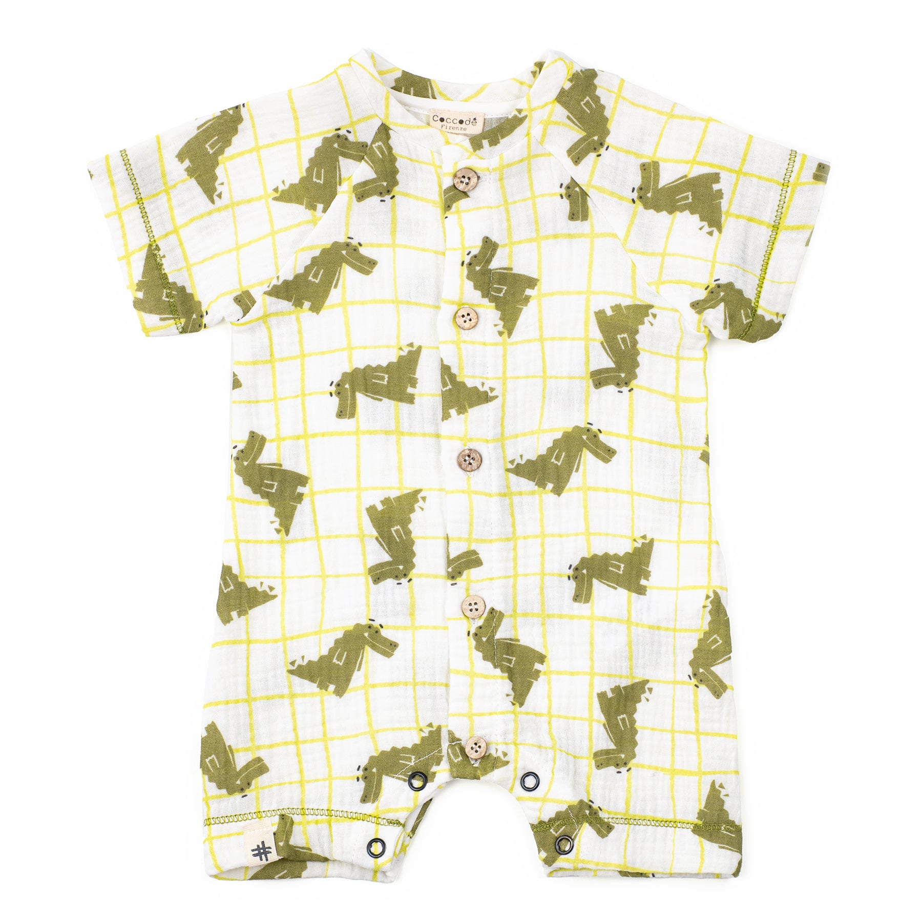 Children's romper with green car pattern on a white background