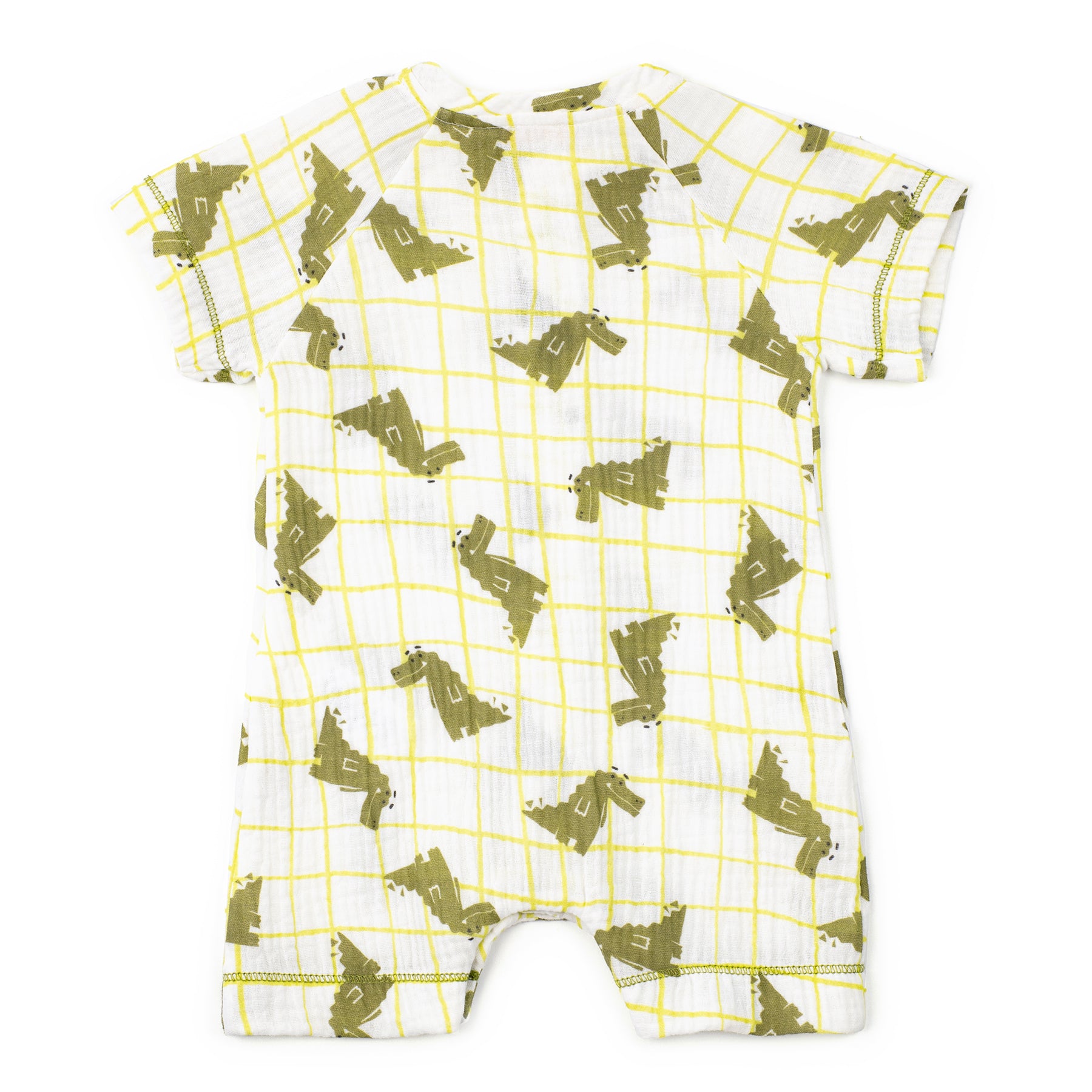 Baby romper with green animal pattern on a white background