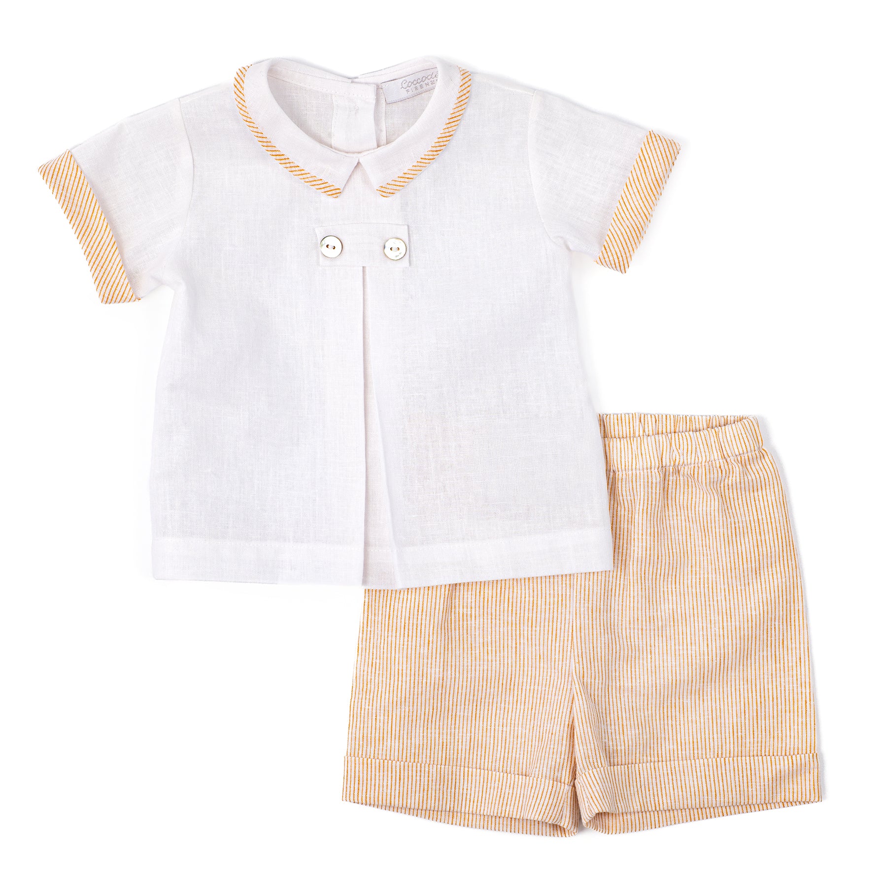 Children's outfit with white shirt and yellow striped shorts on a white background