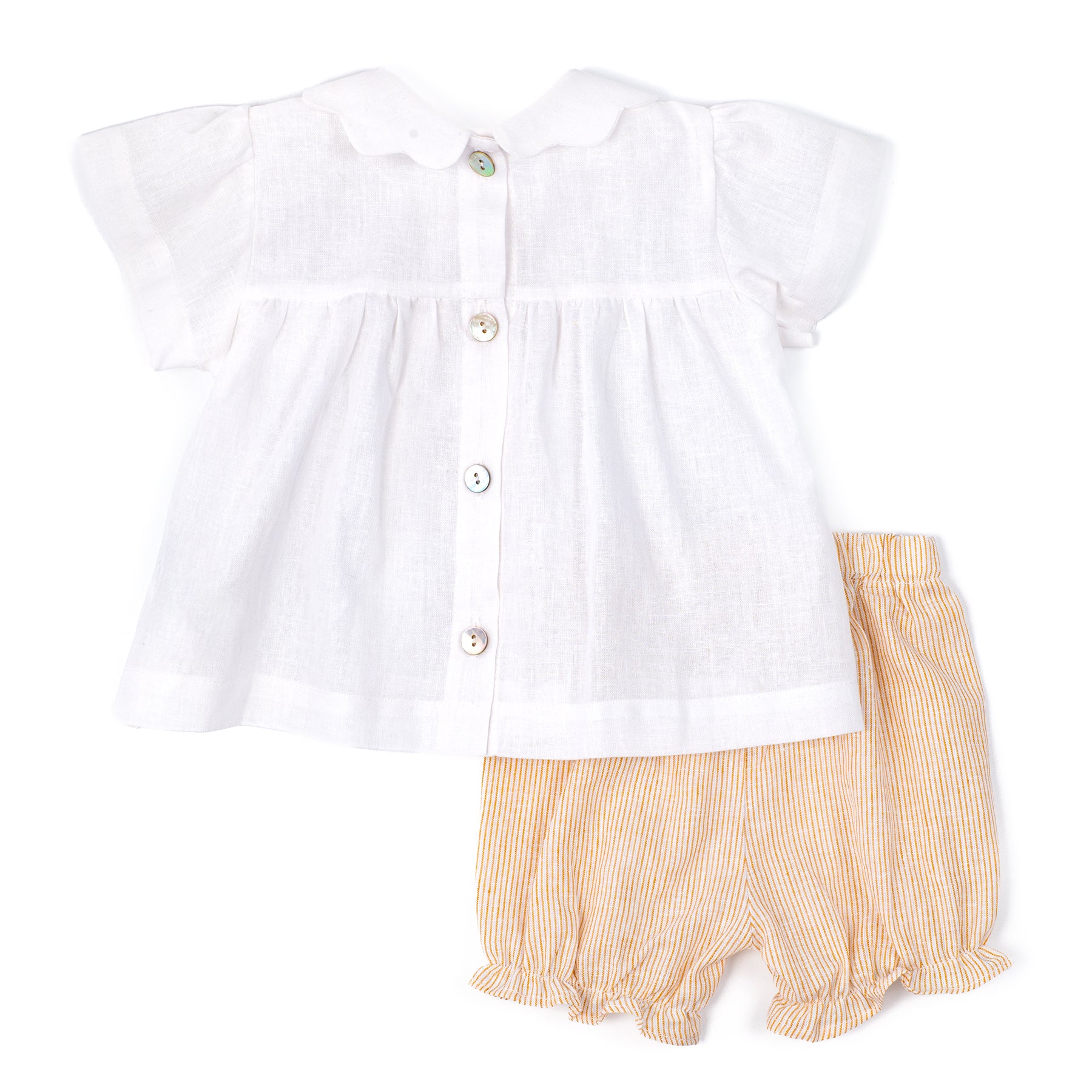 White blouse with ruffled sleeves and yellow striped shorts on a white background