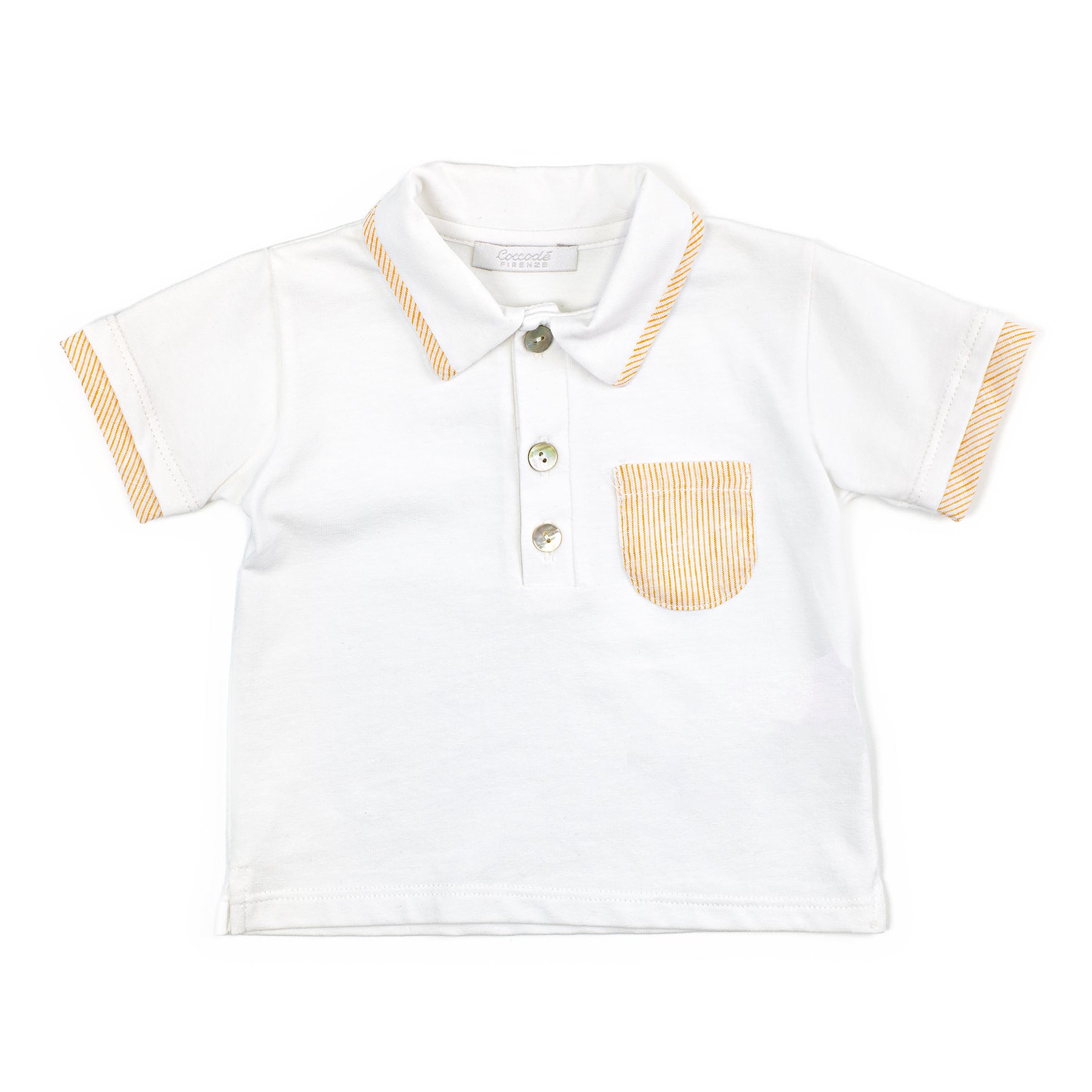 White polo shirt with yellow accents on a white background