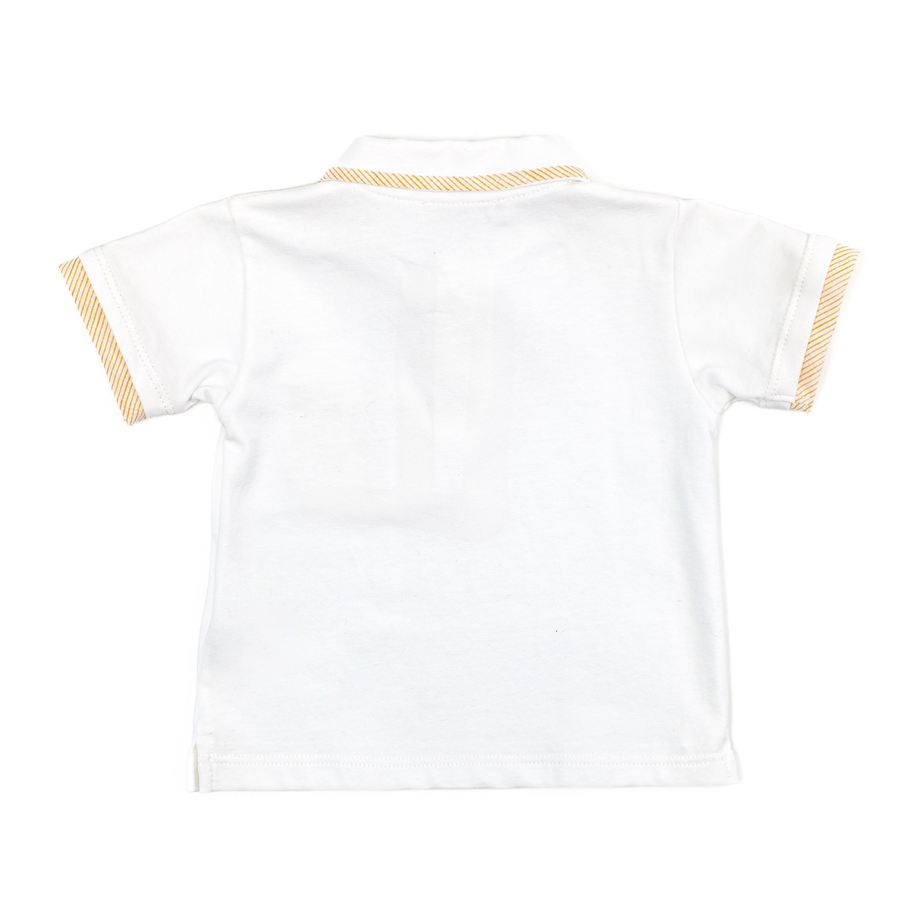 White polo shirt with yellow accents on a white background