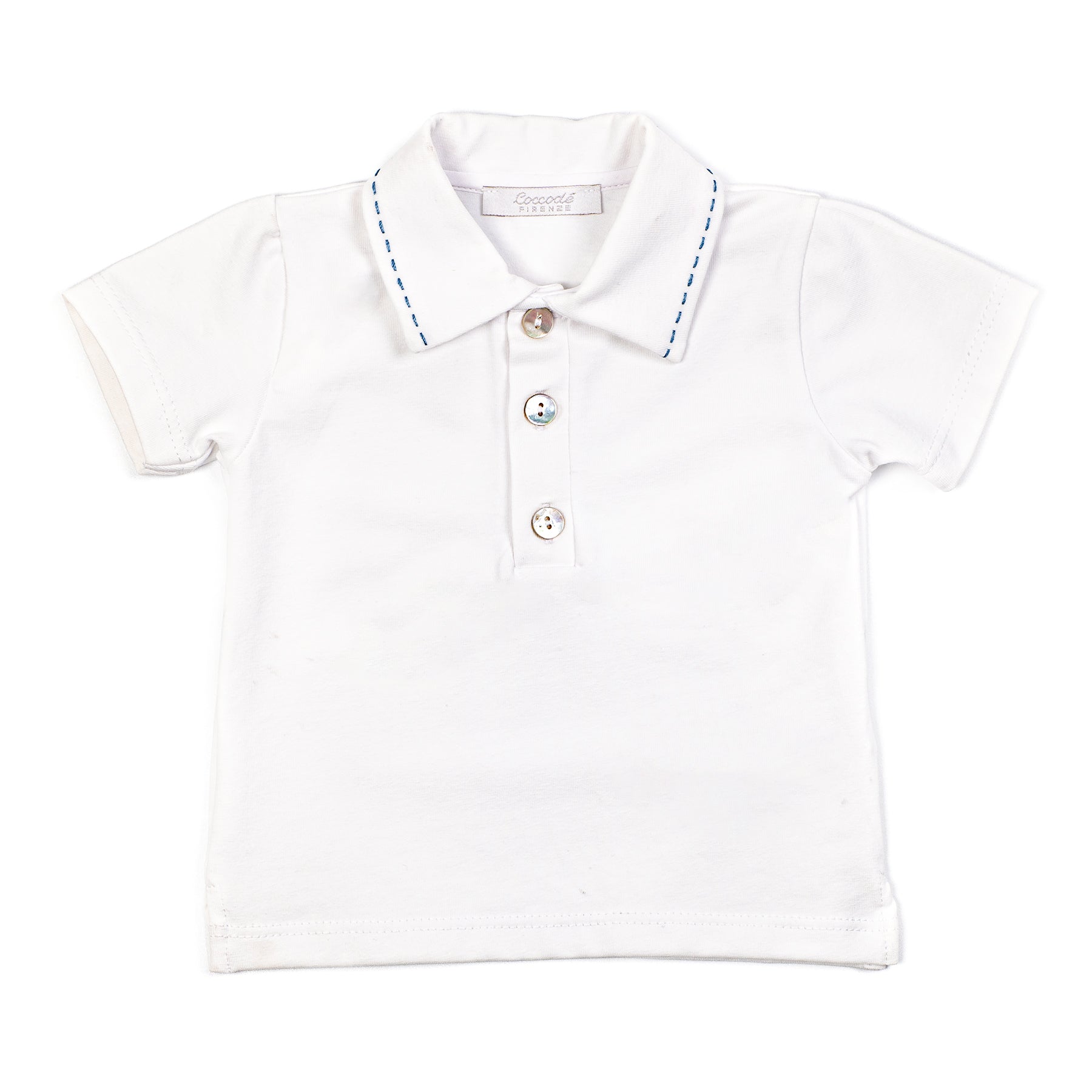 White polo shirt with blue trim on a white background