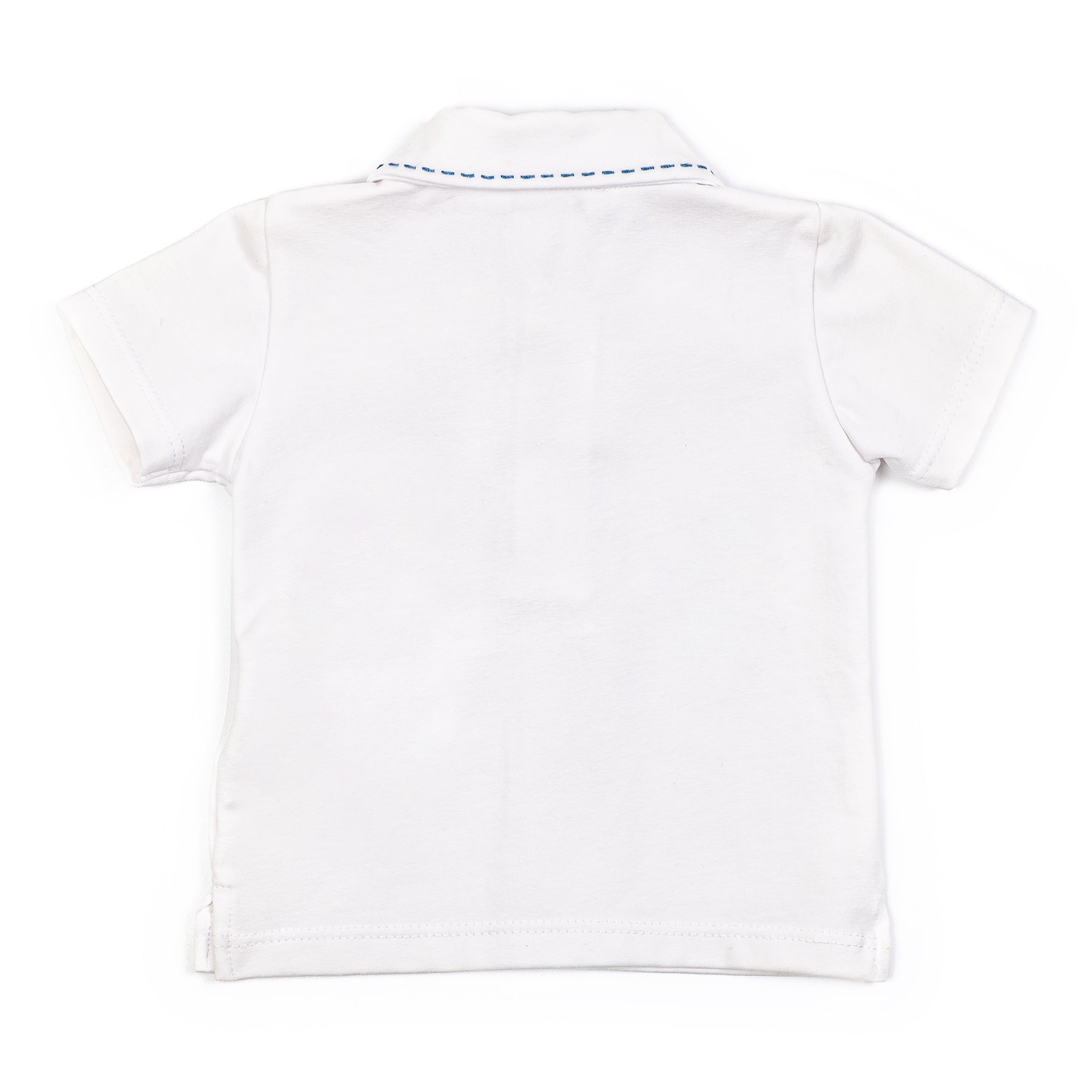 White polo shirt with blue trim on a white background