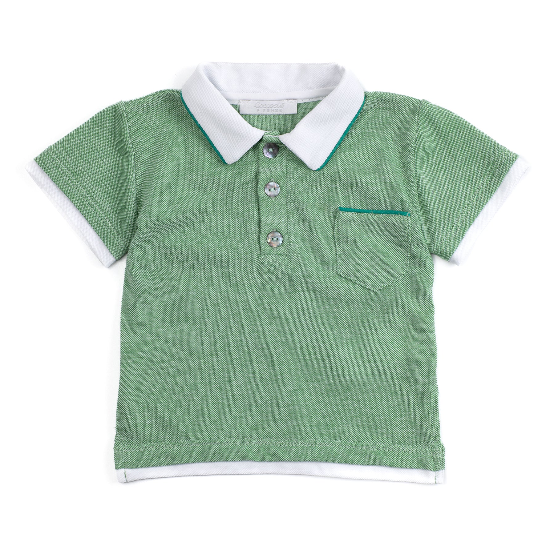 Green polo shirt with white collar on a white background