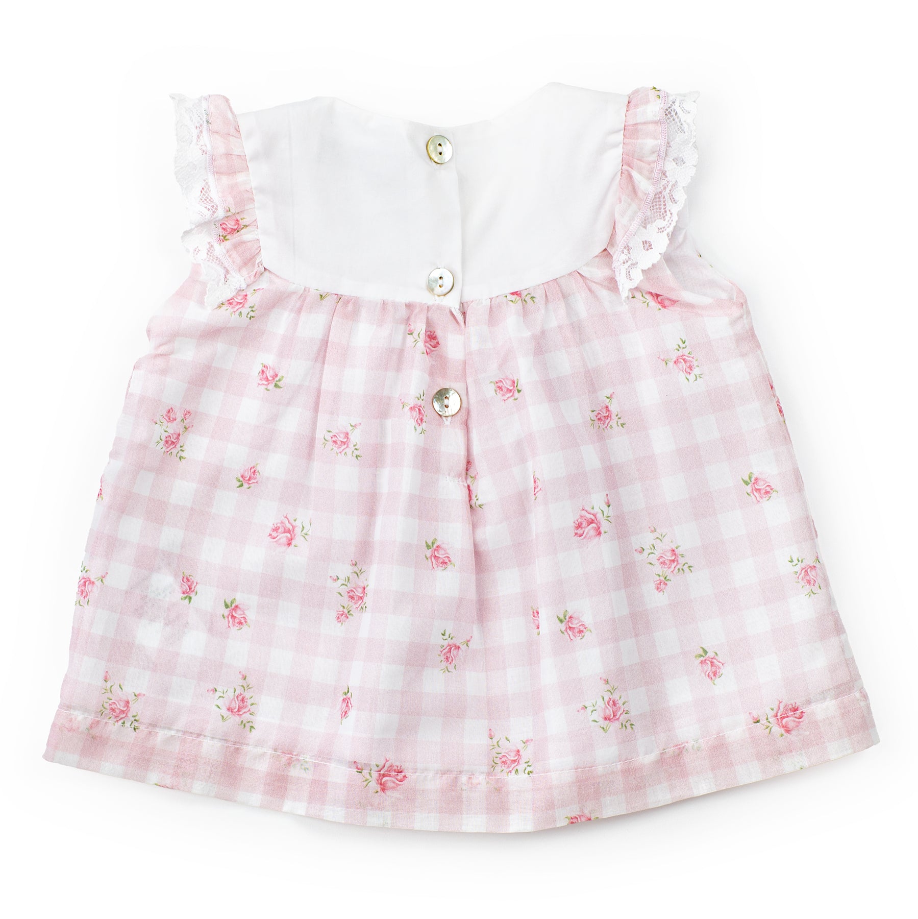 Pink checkered dress with floral patterns on a white background