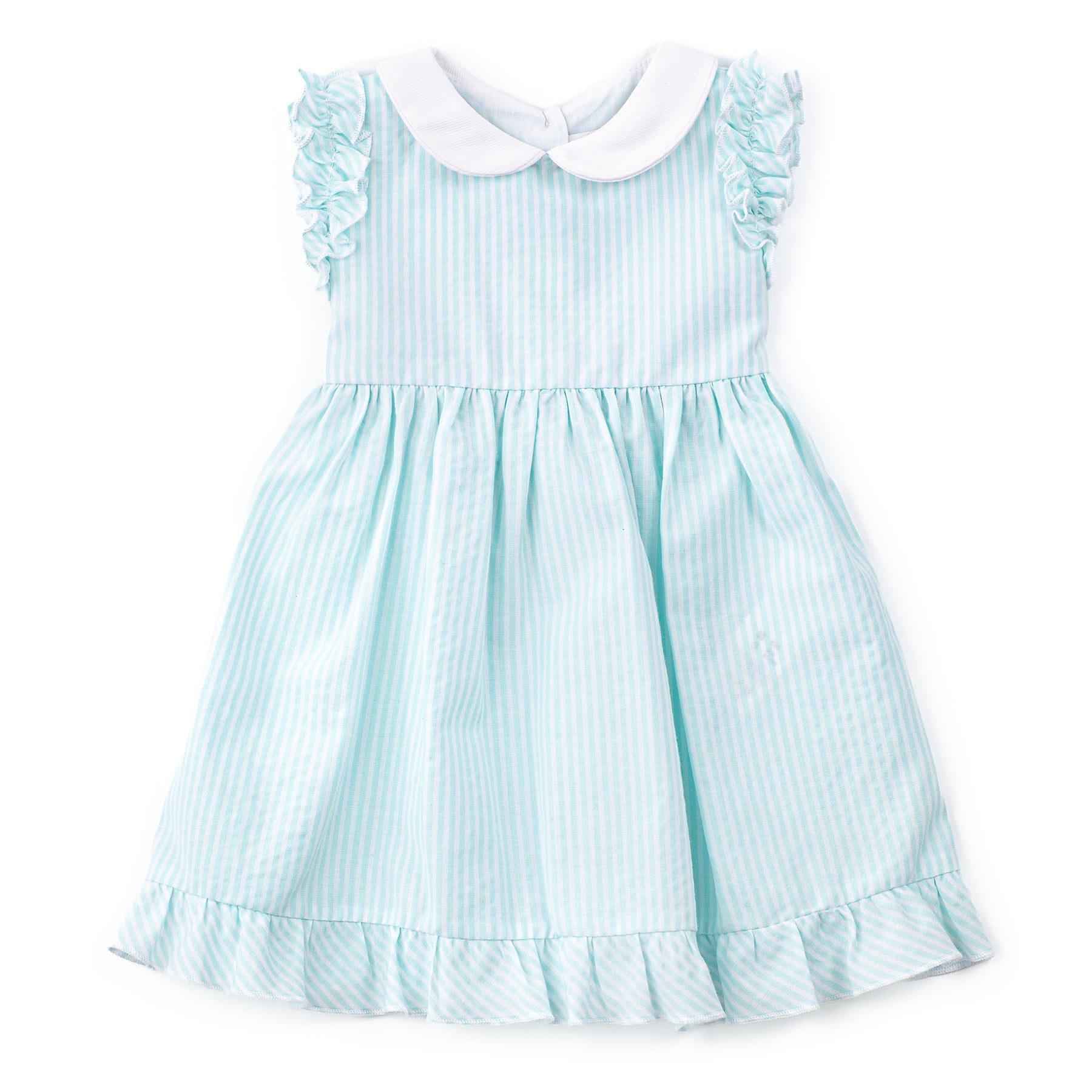 Light blue striped dress with white collar on a white background