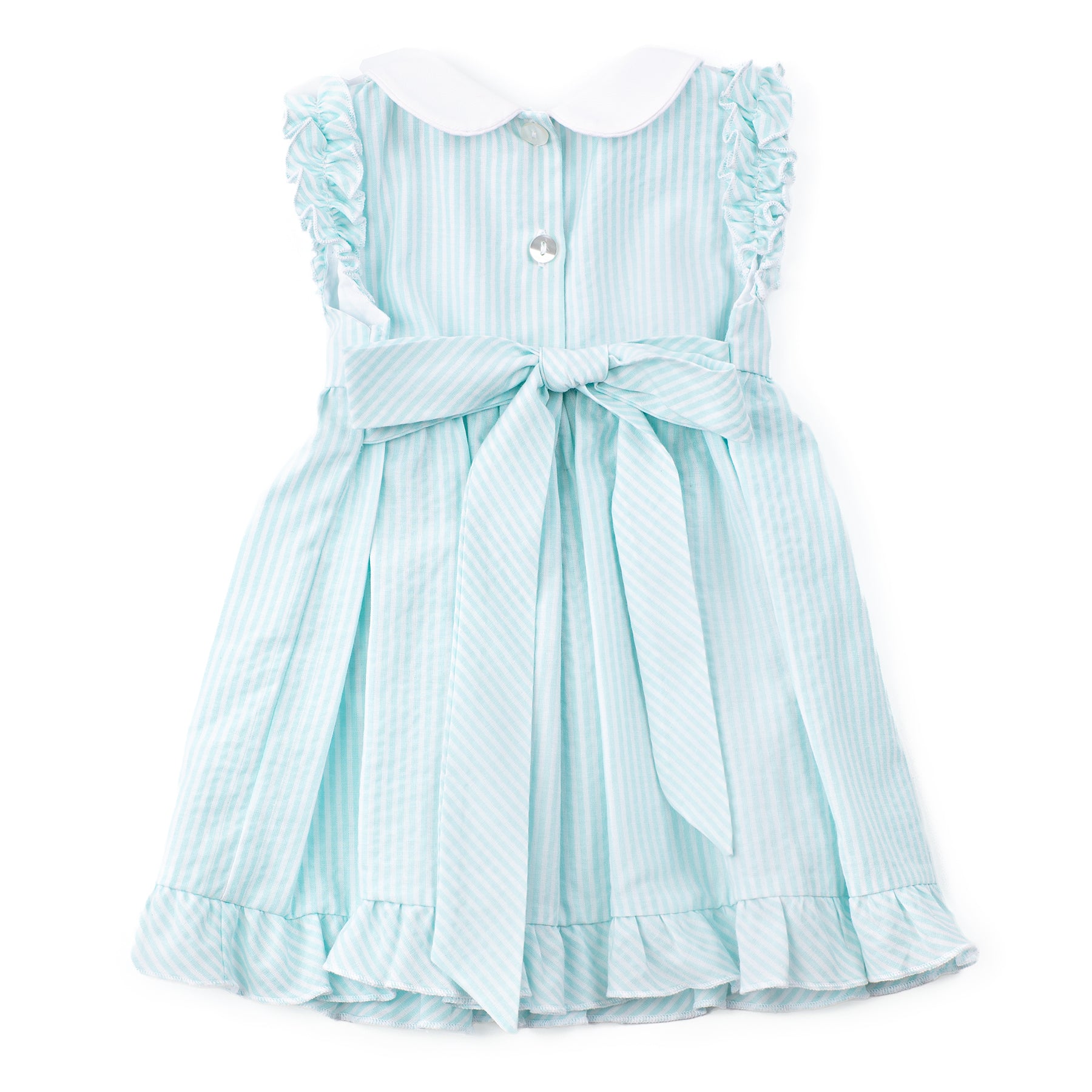 Light blue striped dress with a white collar on a white background