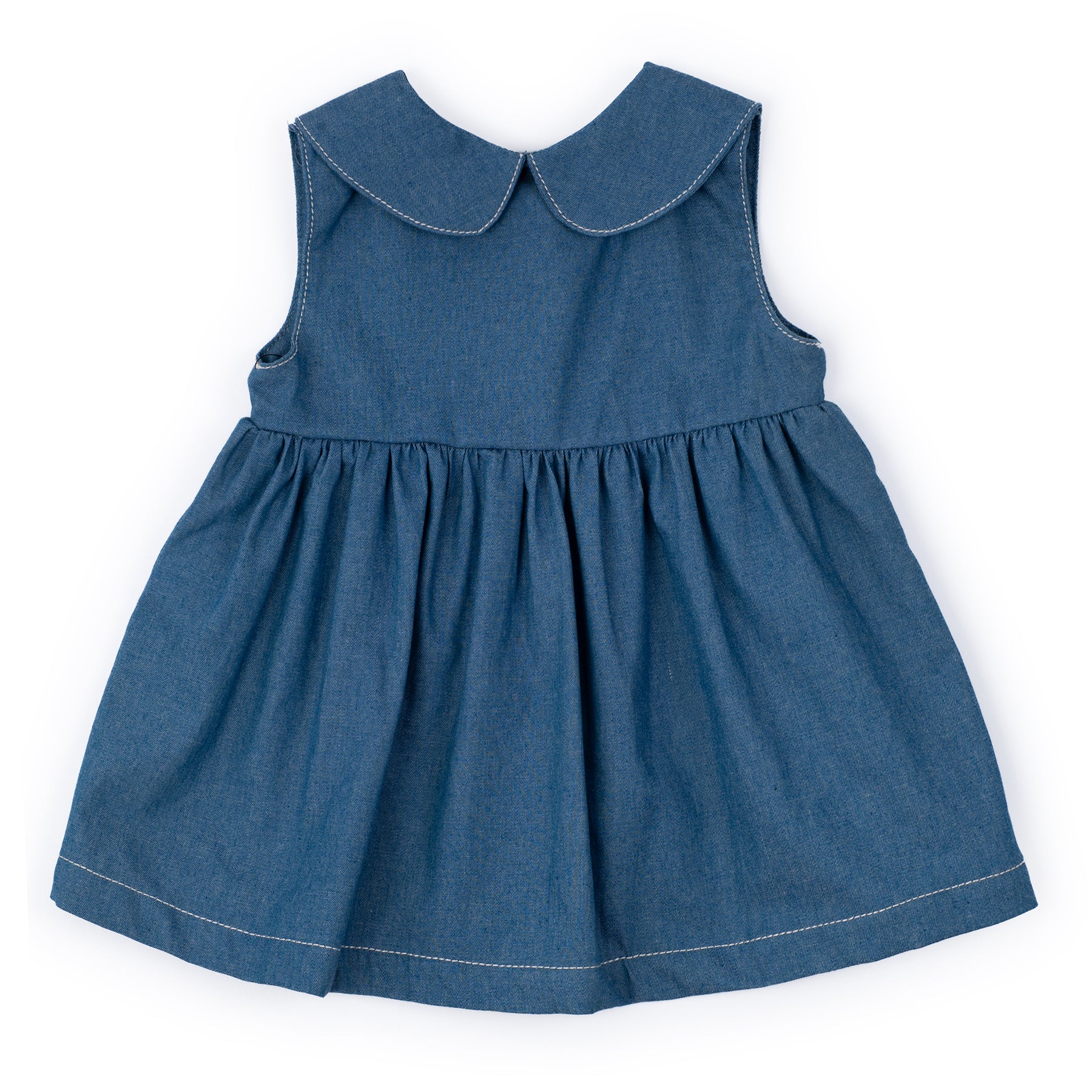 Blue denim dress with a collar on a white background