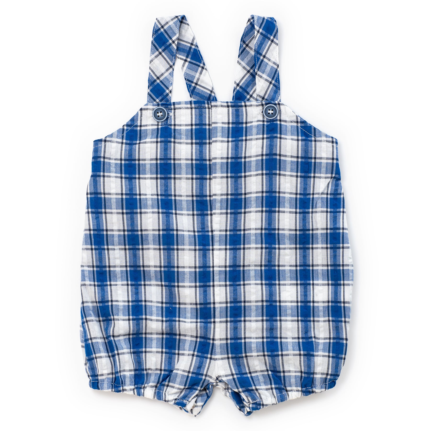 Blue and white checkered romper on a white background