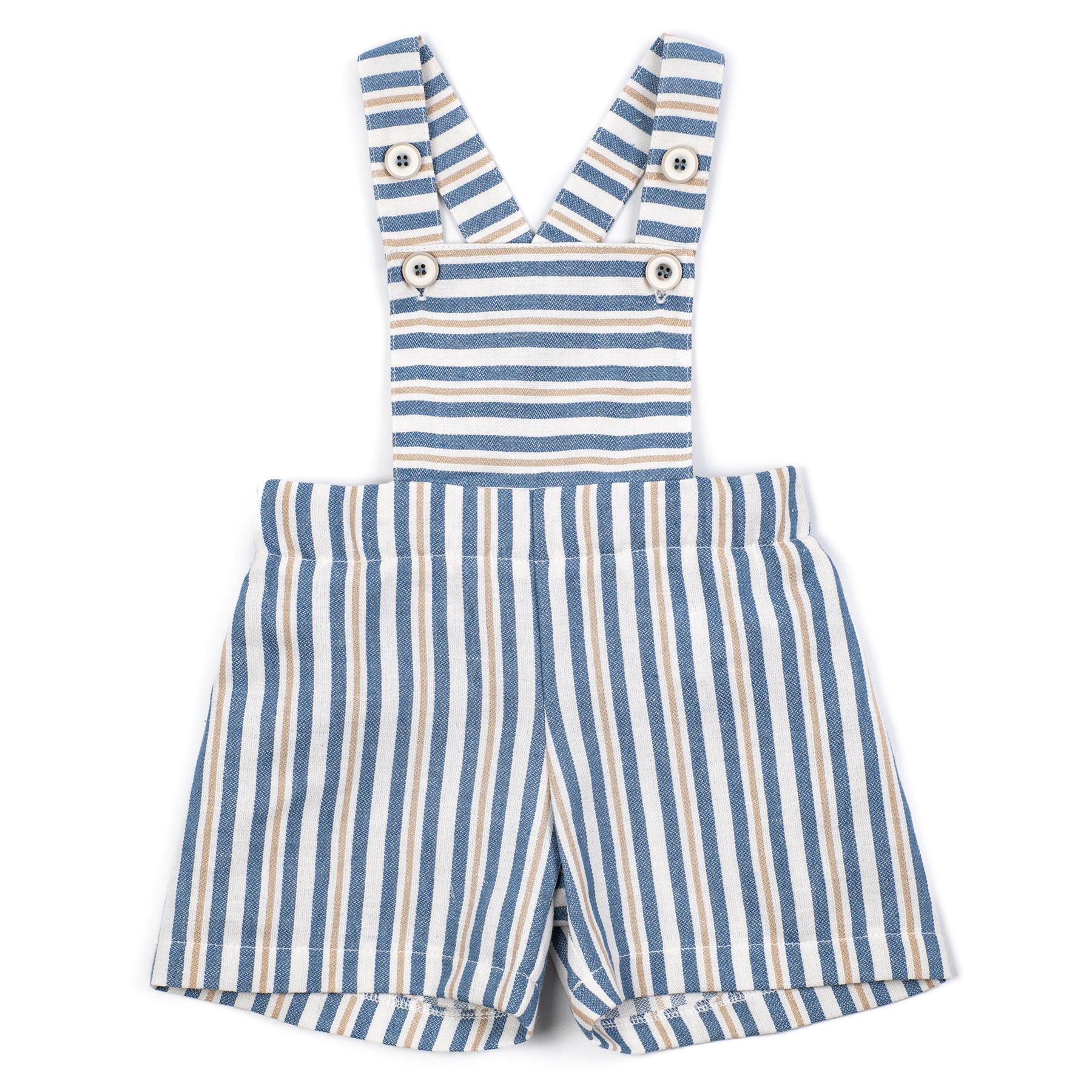 Blue and white striped children's overalls on a white background