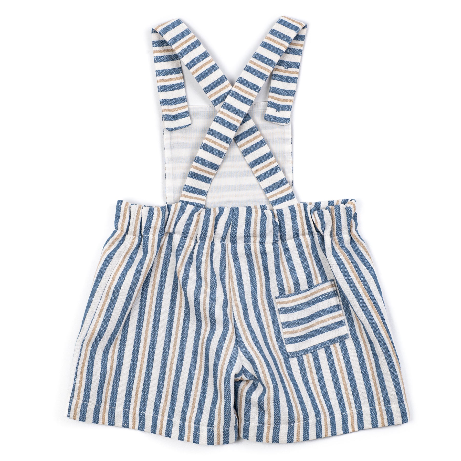 Striped romper with suspenders on a white background