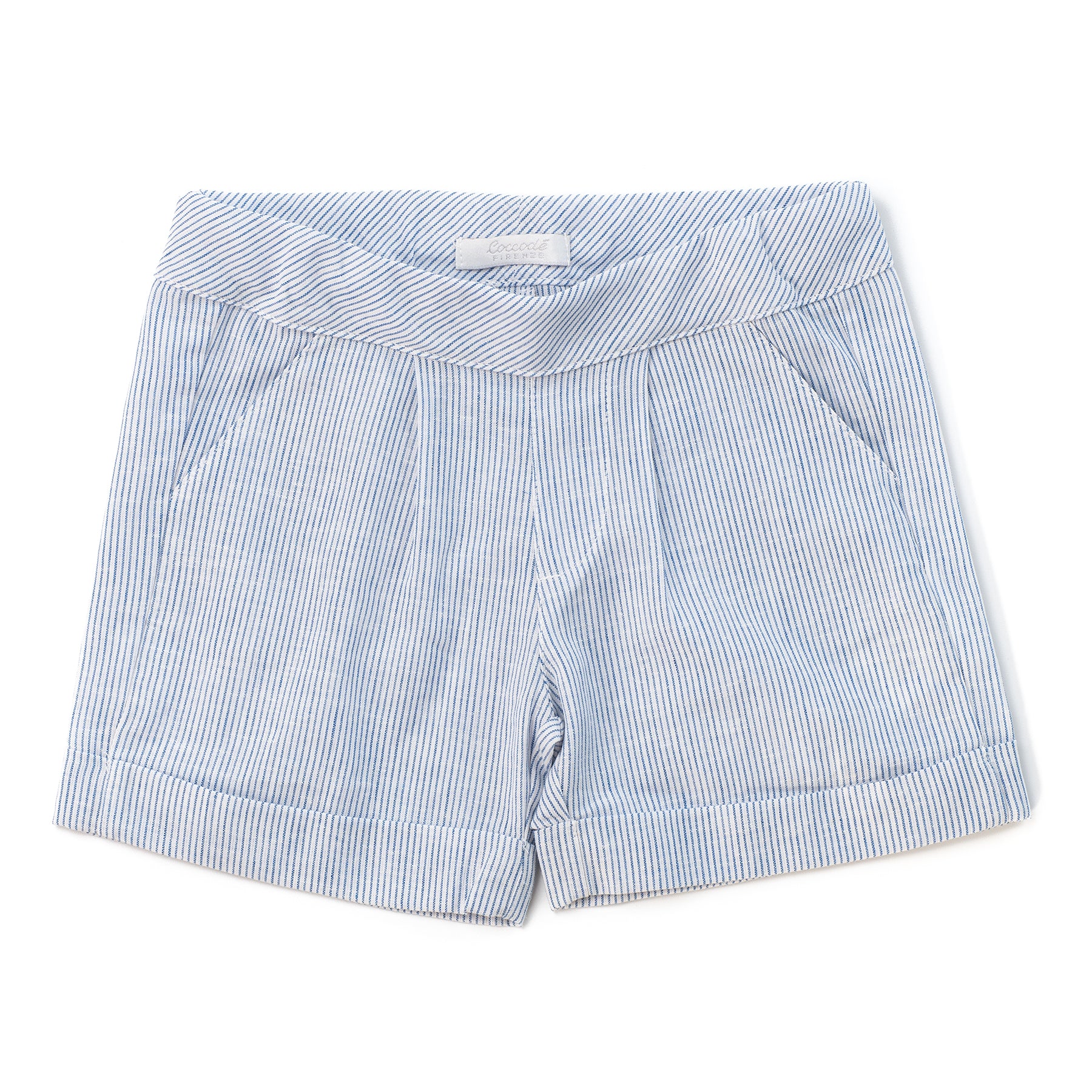 Blue and white striped shorts on a white background