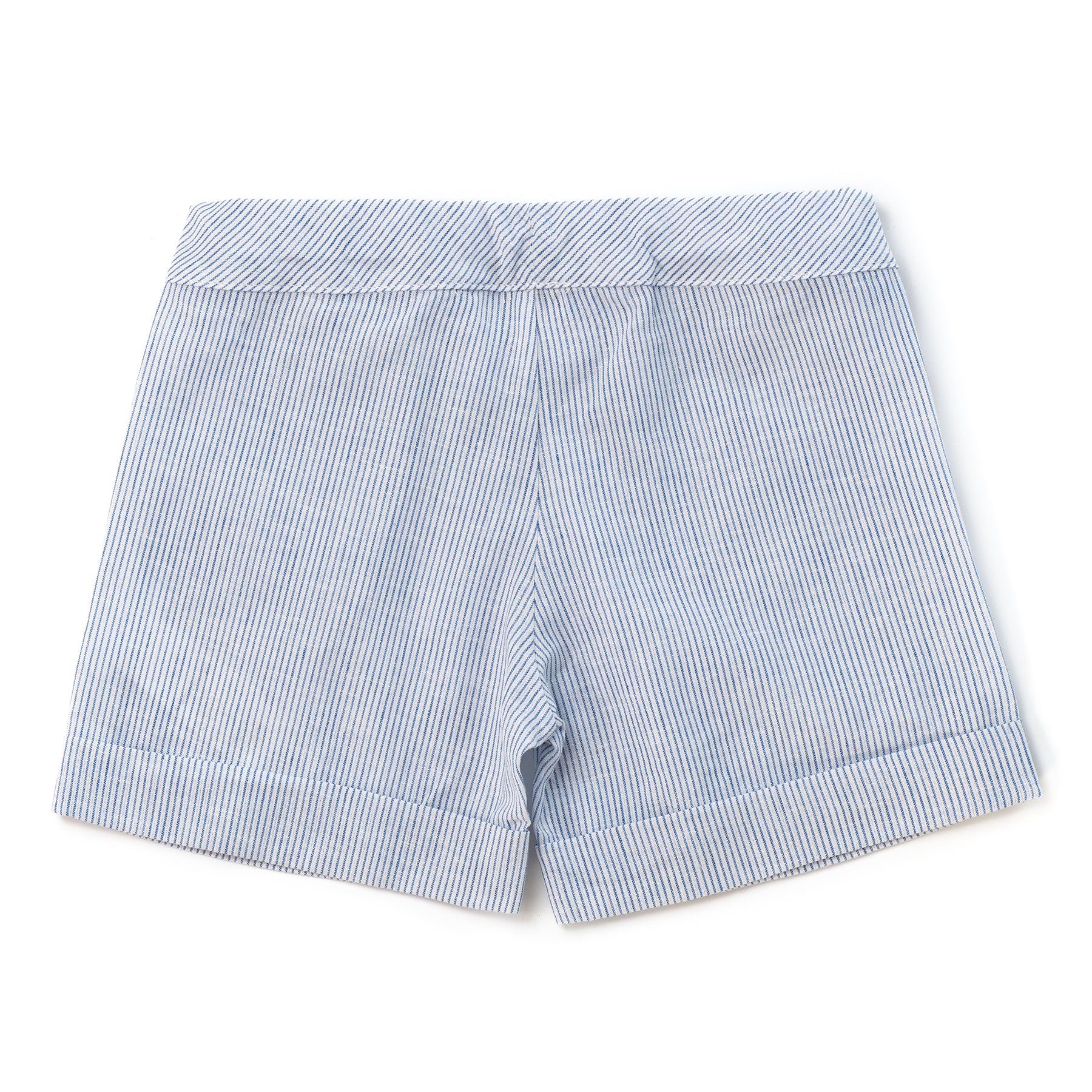 Blue and white striped shorts on a white background
