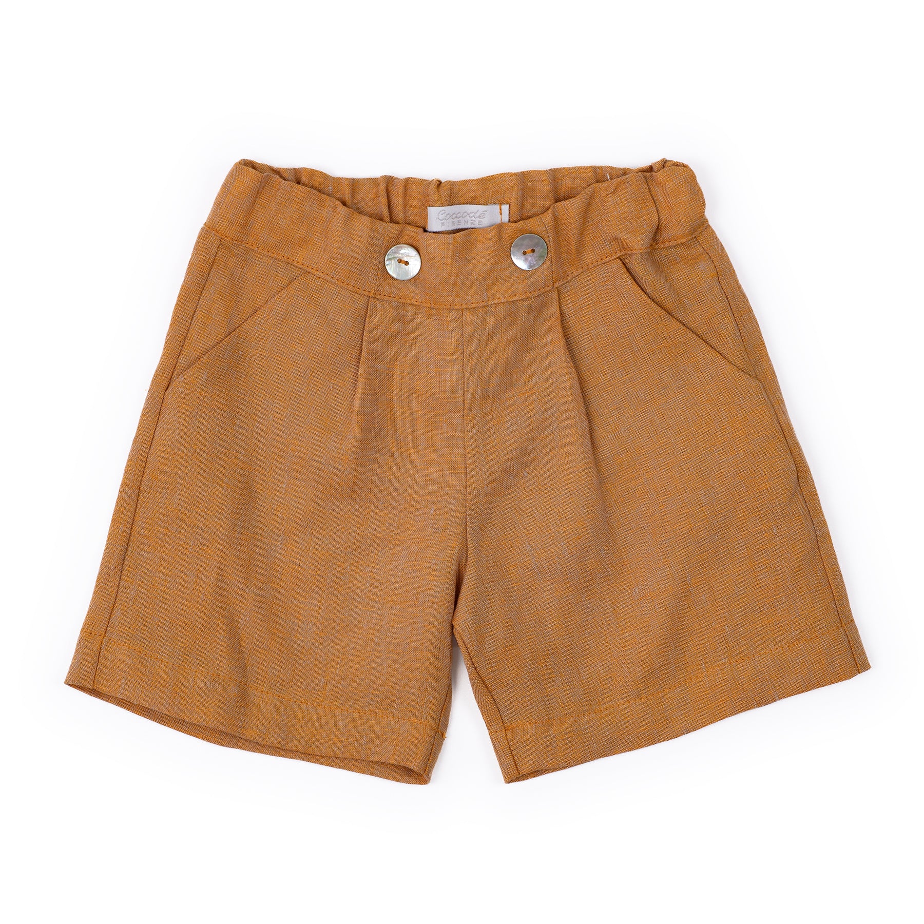 Brown shorts with button details on a white background