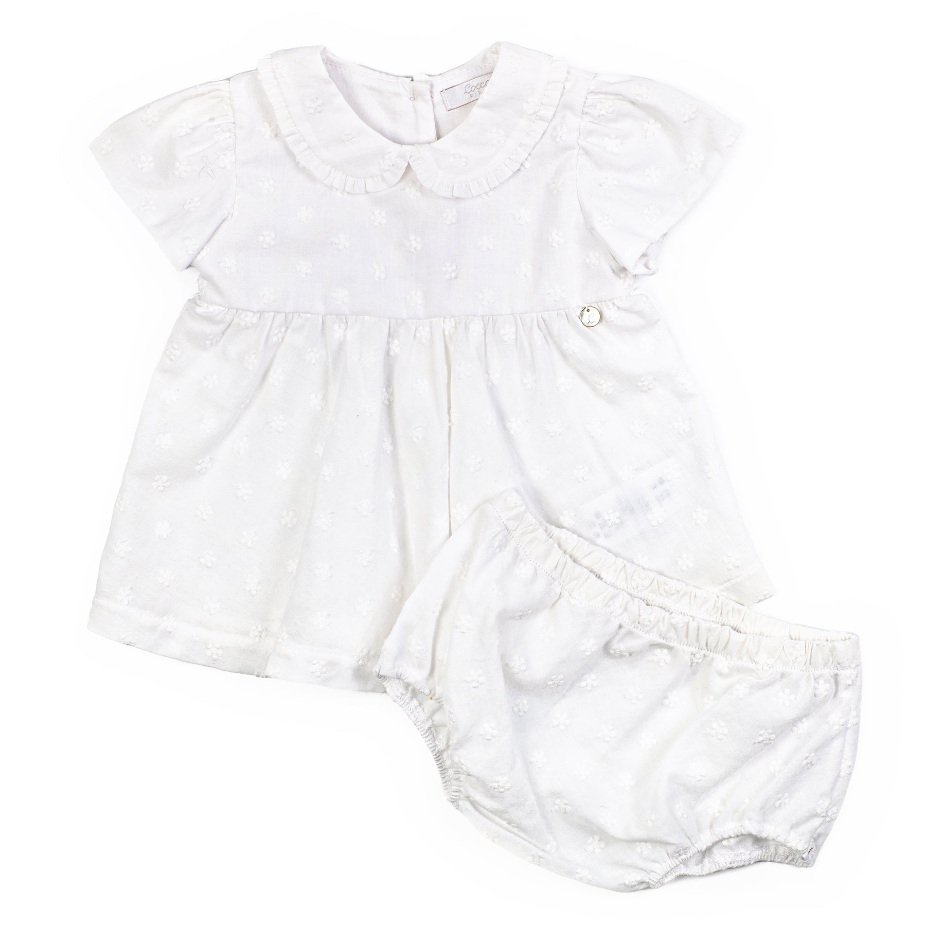 White baby romper with ruffled collar on a white background