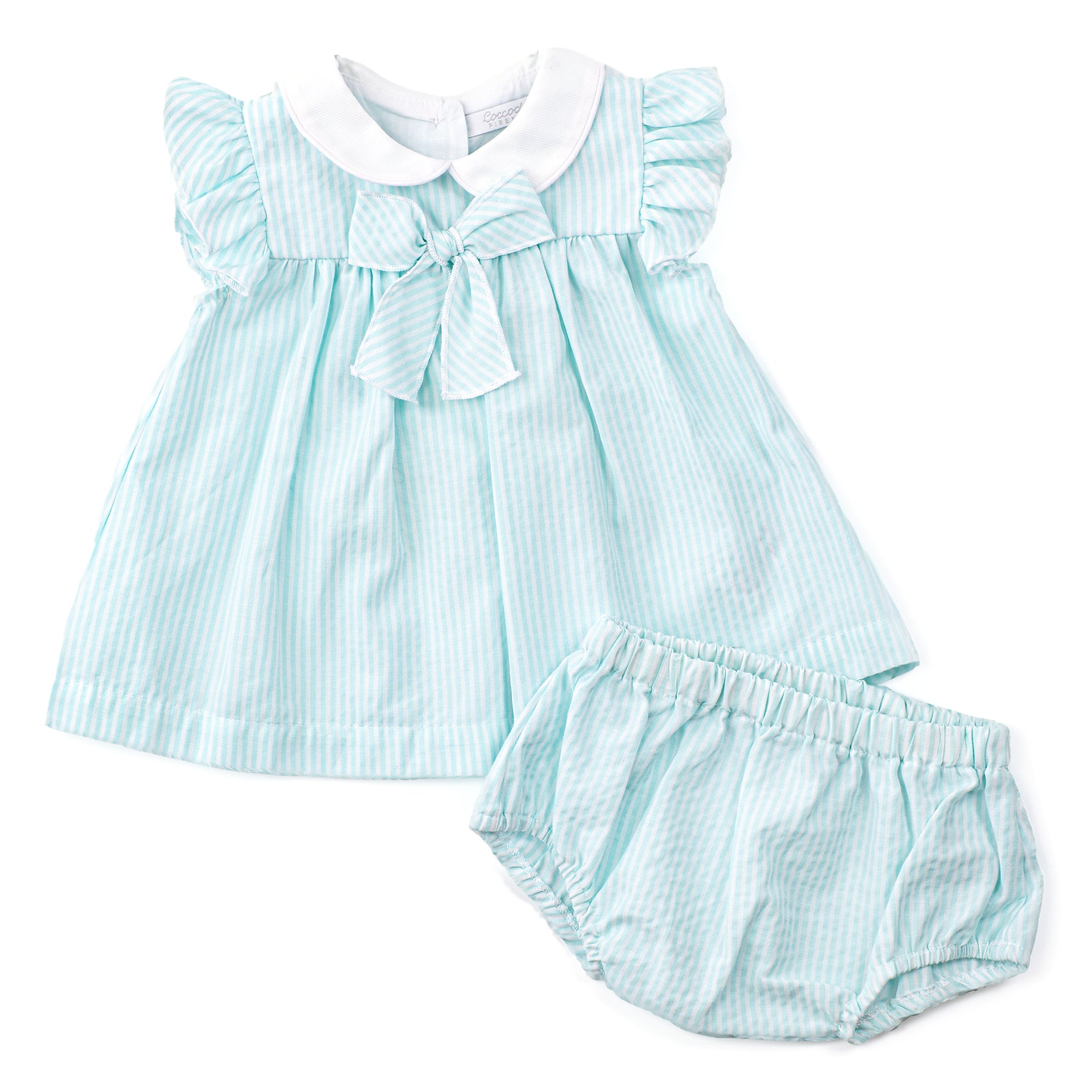 Light blue striped dress with white collar and matching bloomers on a white background