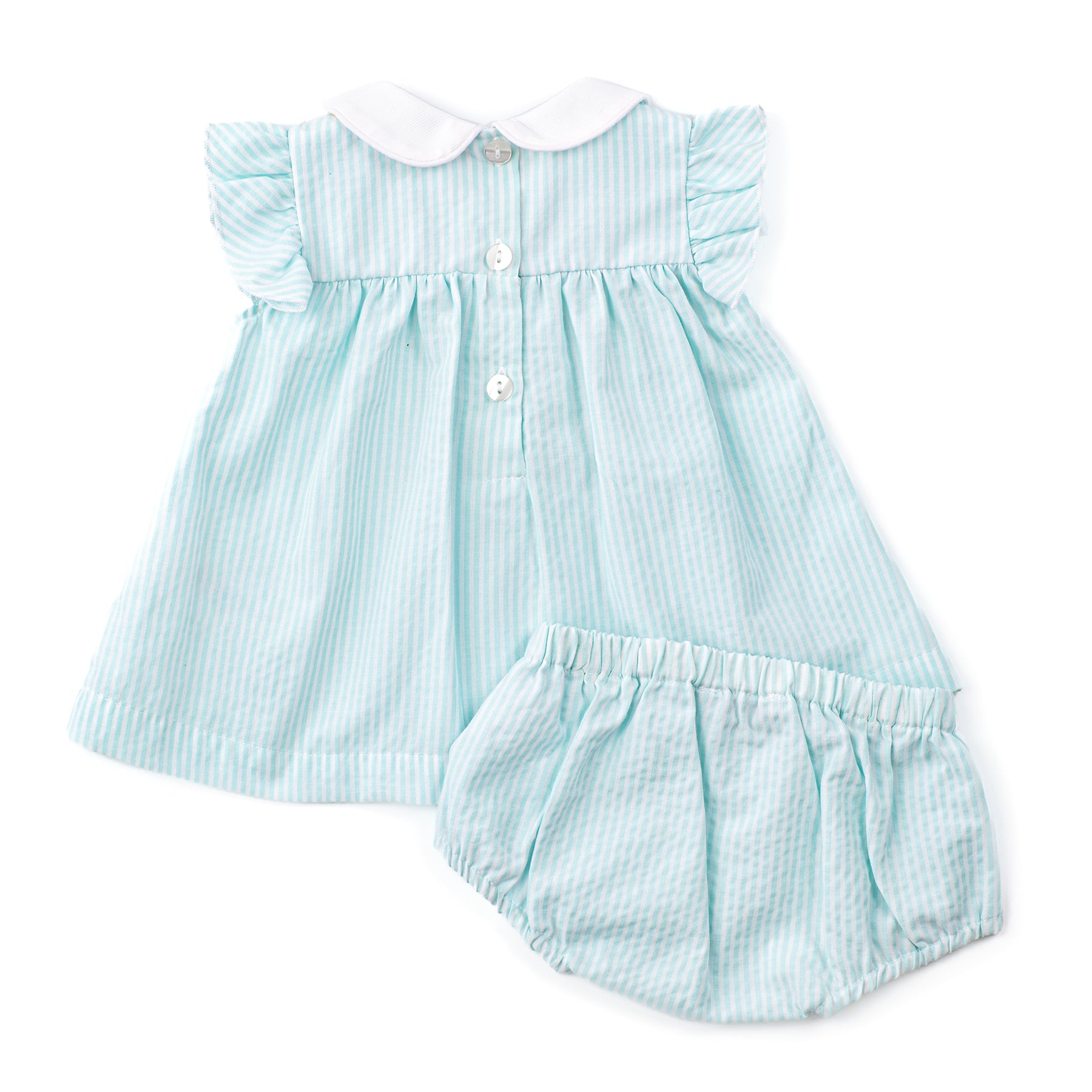 Light blue striped baby dress with white collar and bloomers on a white background