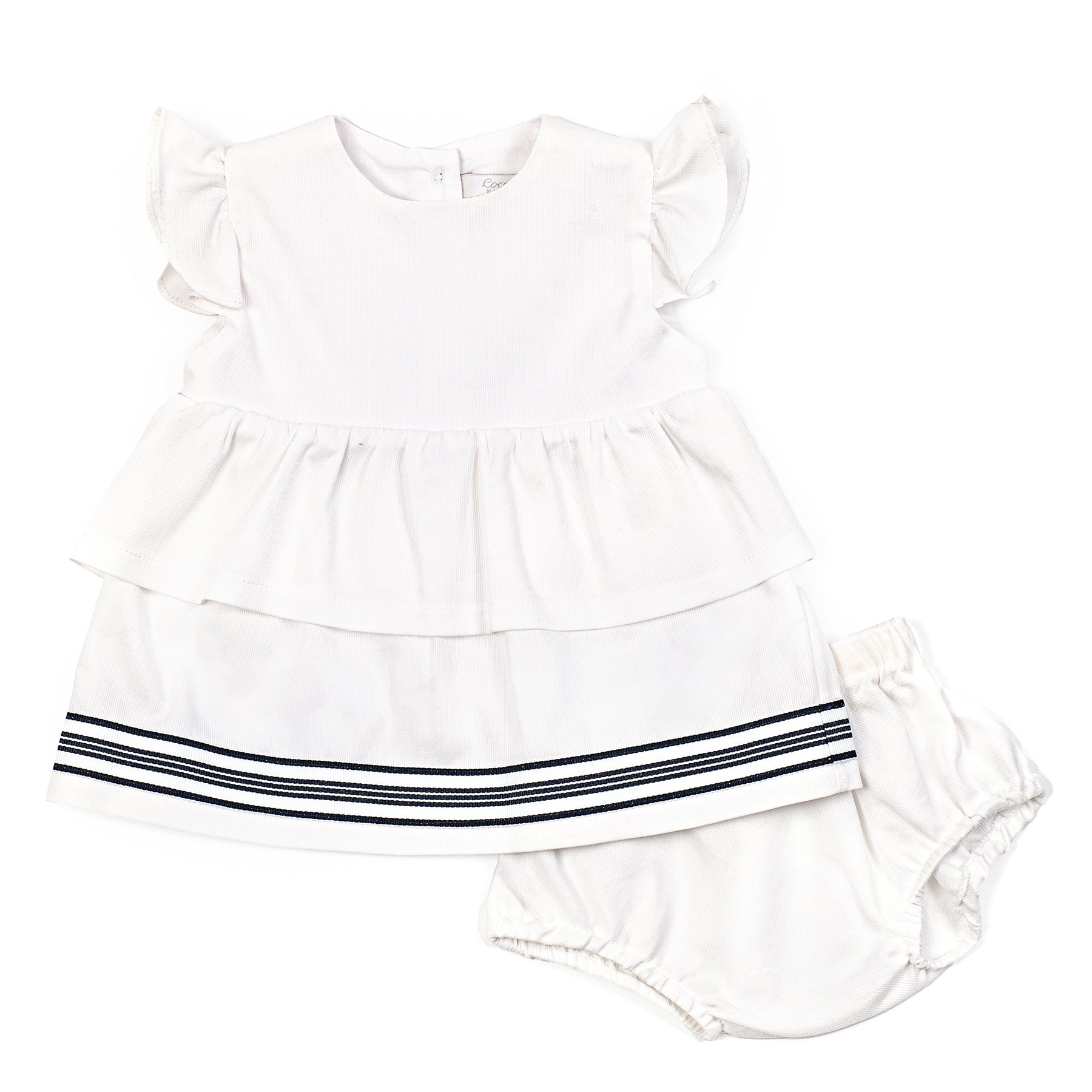 White baby dress with ruffled sleeves and striped details on a white background