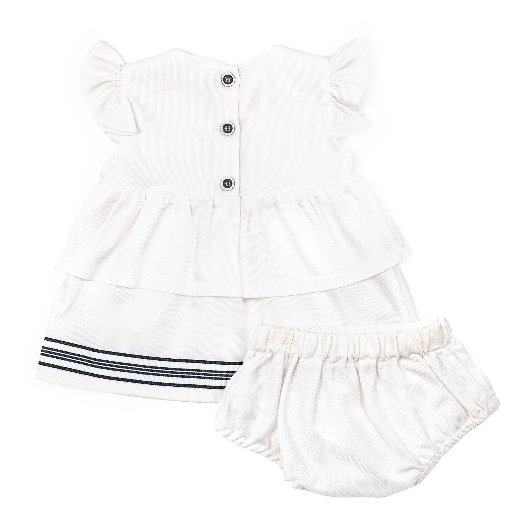 White baby dress with ruffled sleeves and bloomers on a white background